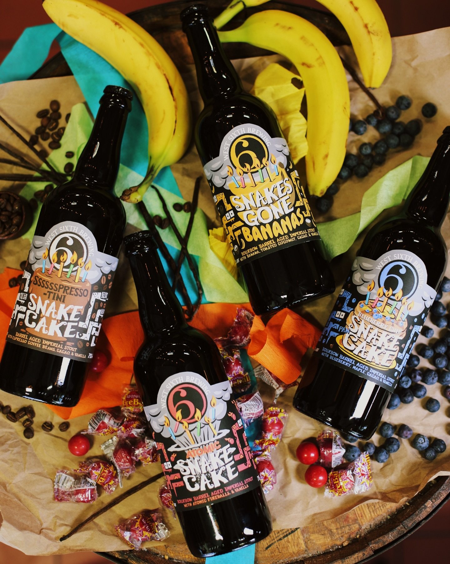 SNAKEGREDIENTS 💥🐍 This year for our birthday we&rsquo;ve got FOUR, yup, FOUR Snake Cake variants with unique ingredients coming at ya! Blueberries, bananas, espresso, and atomic fireballs have all made it into our barrel aged imperial stout!

We&rs