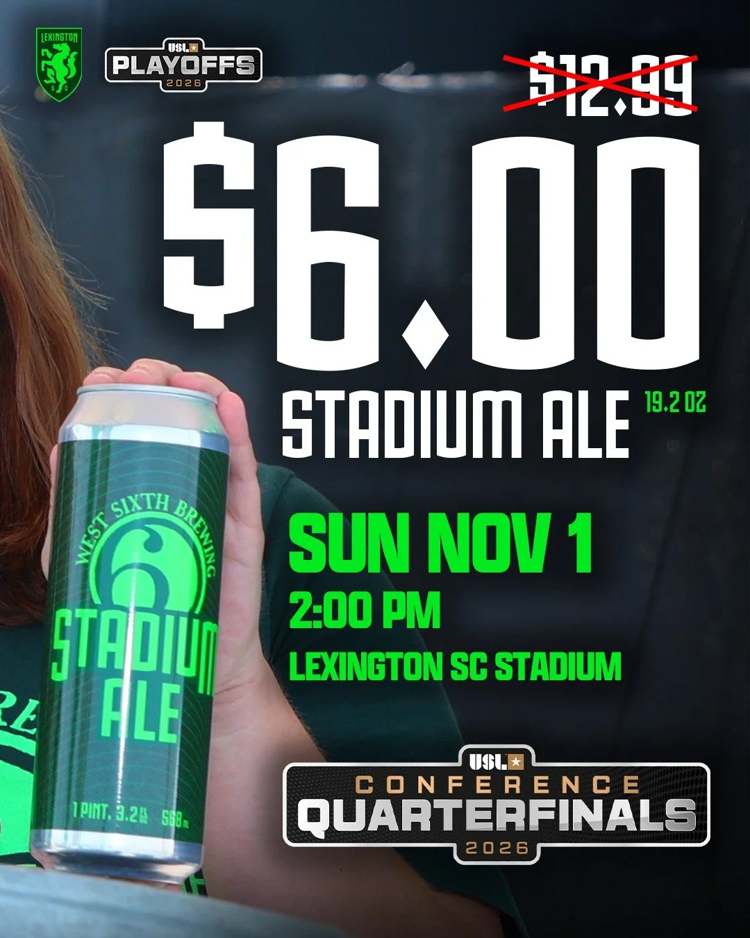 #LEXGO! ⚽️ Lexington Sporting Club's first ever @uslchampionship playoff match is THIS SUNDAY‼️ We're celebrating with $6 STADIUM ALES FOR THE ENTIRE MATCH🔥🏟️ Get tickets now -- comment LEX GO down below and we'll send it over. 

See you at 2pm on 