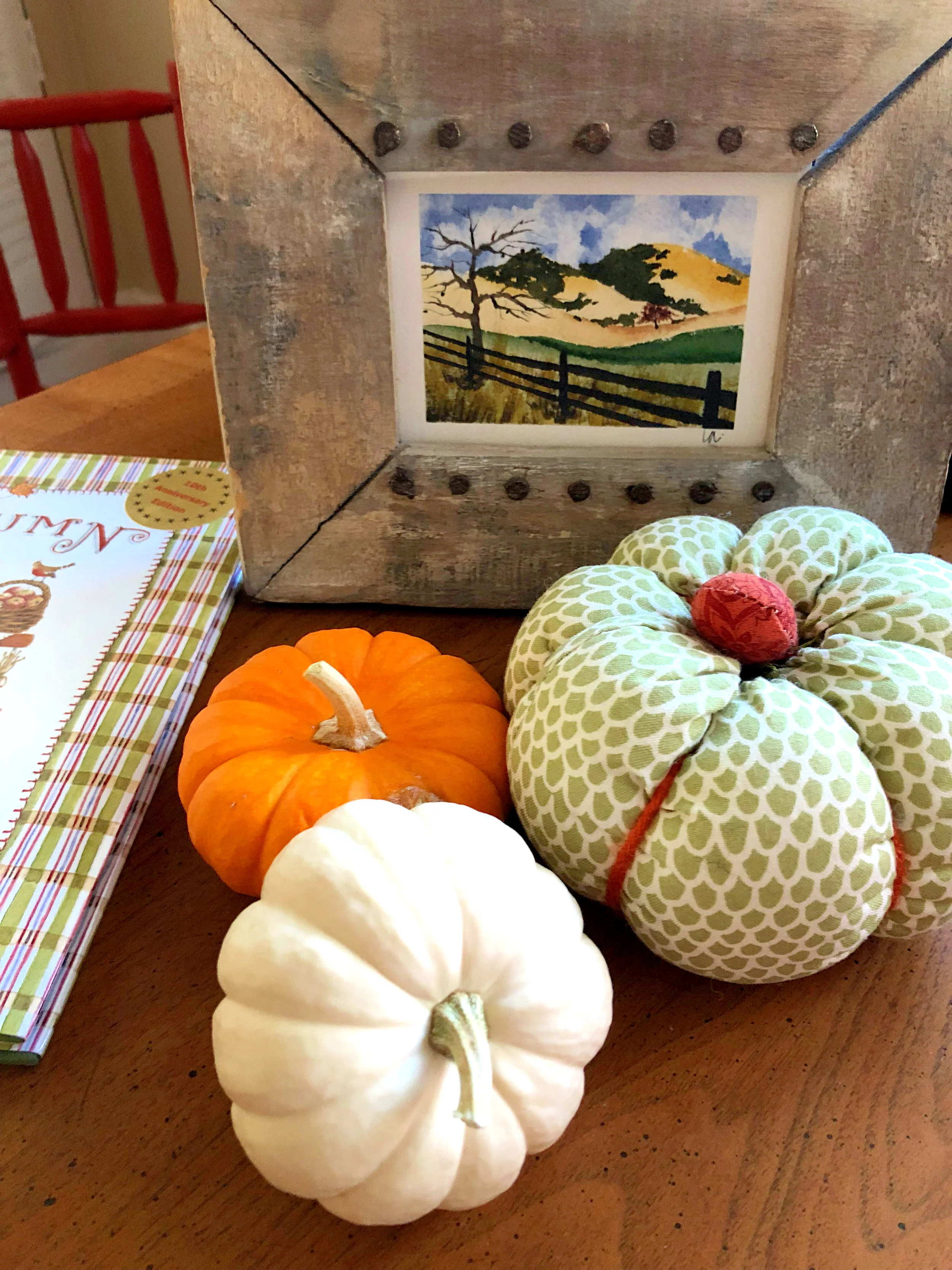 Watercolor of Mt. Diablo and frame was a gift from a sweet family member, fabric pumpkin made by my girls. Real pumpkins from Trader Joe’s.