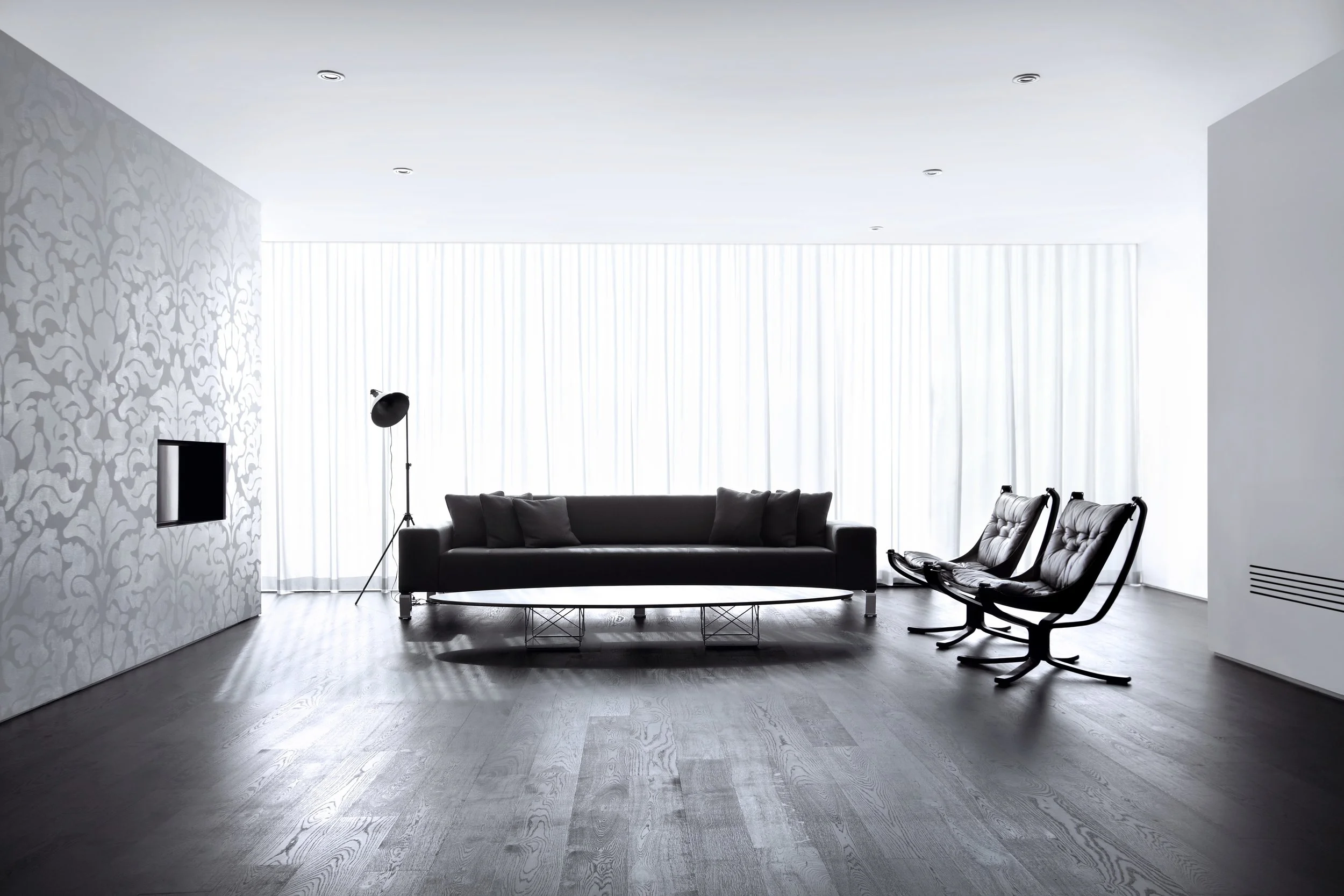 House 60 - living room patterned wall black floor