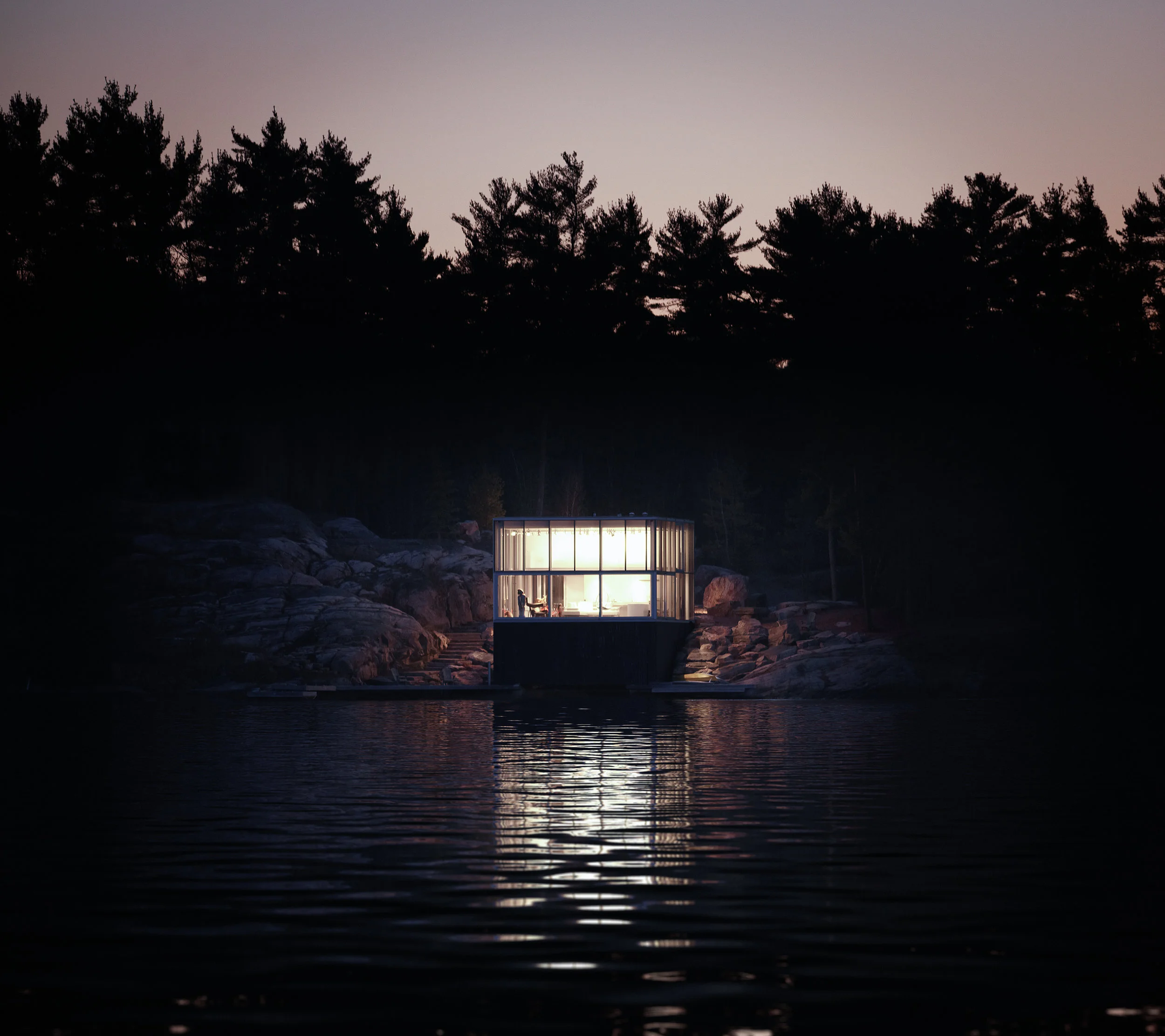 Glass Boathouse - Night from Lake