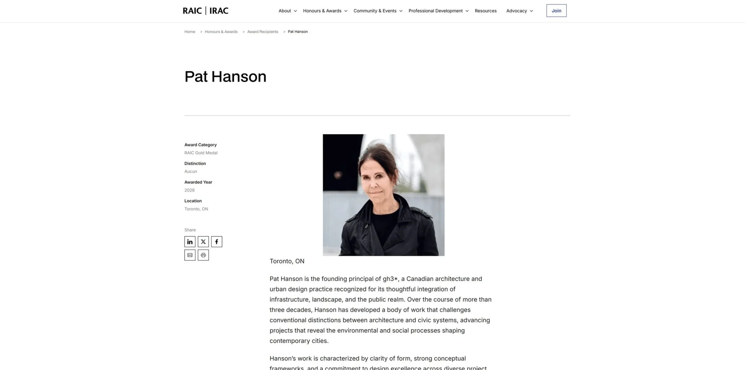 RAIC 2026 Gold Medal: Pat Hanson