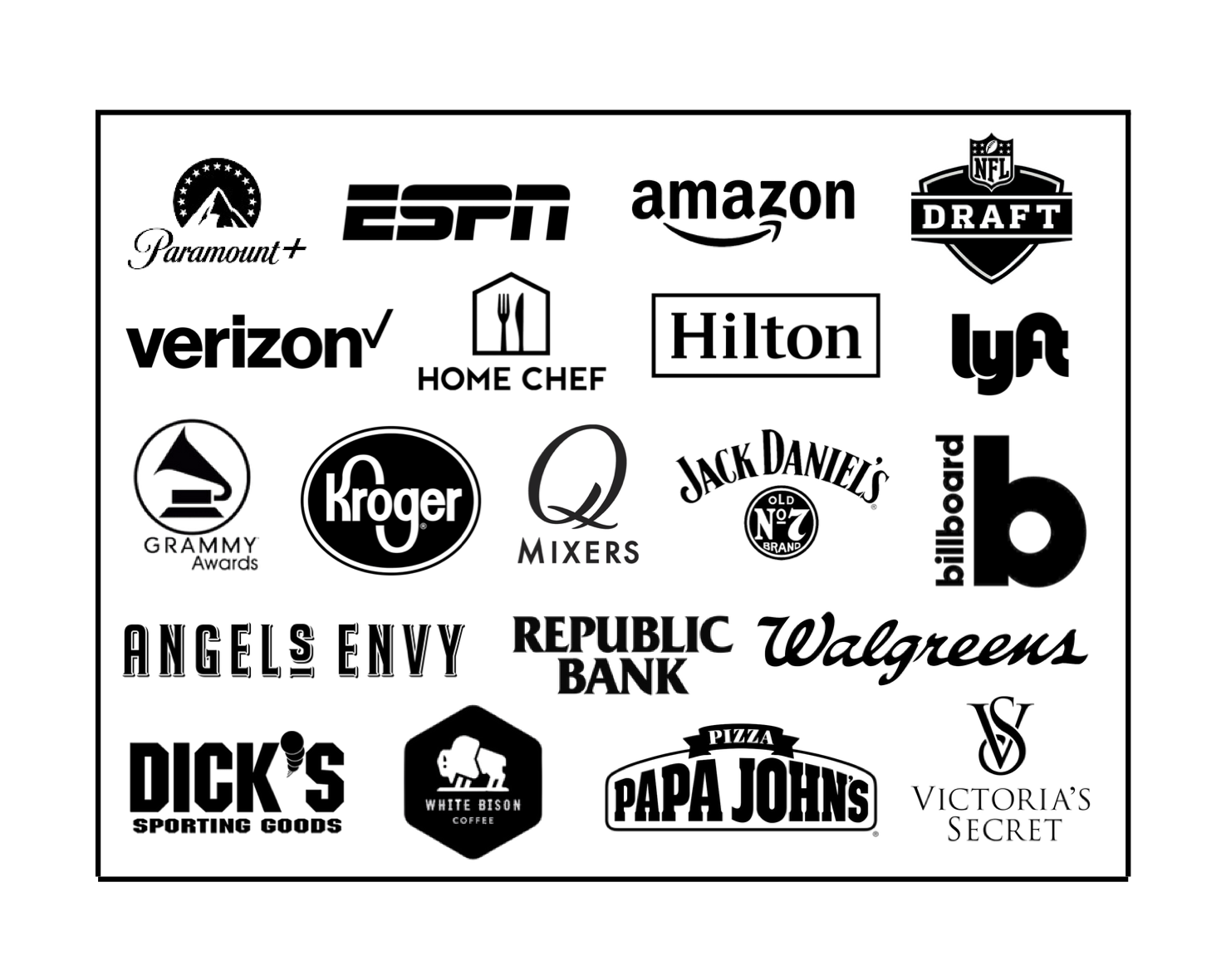 major brands logo amazon, Kroger, NFL, ESPN, Victorias Secret, Papa Johns, Dicks Sporting goods, Hilton, Paramount+, Lyft, Grammy Awards