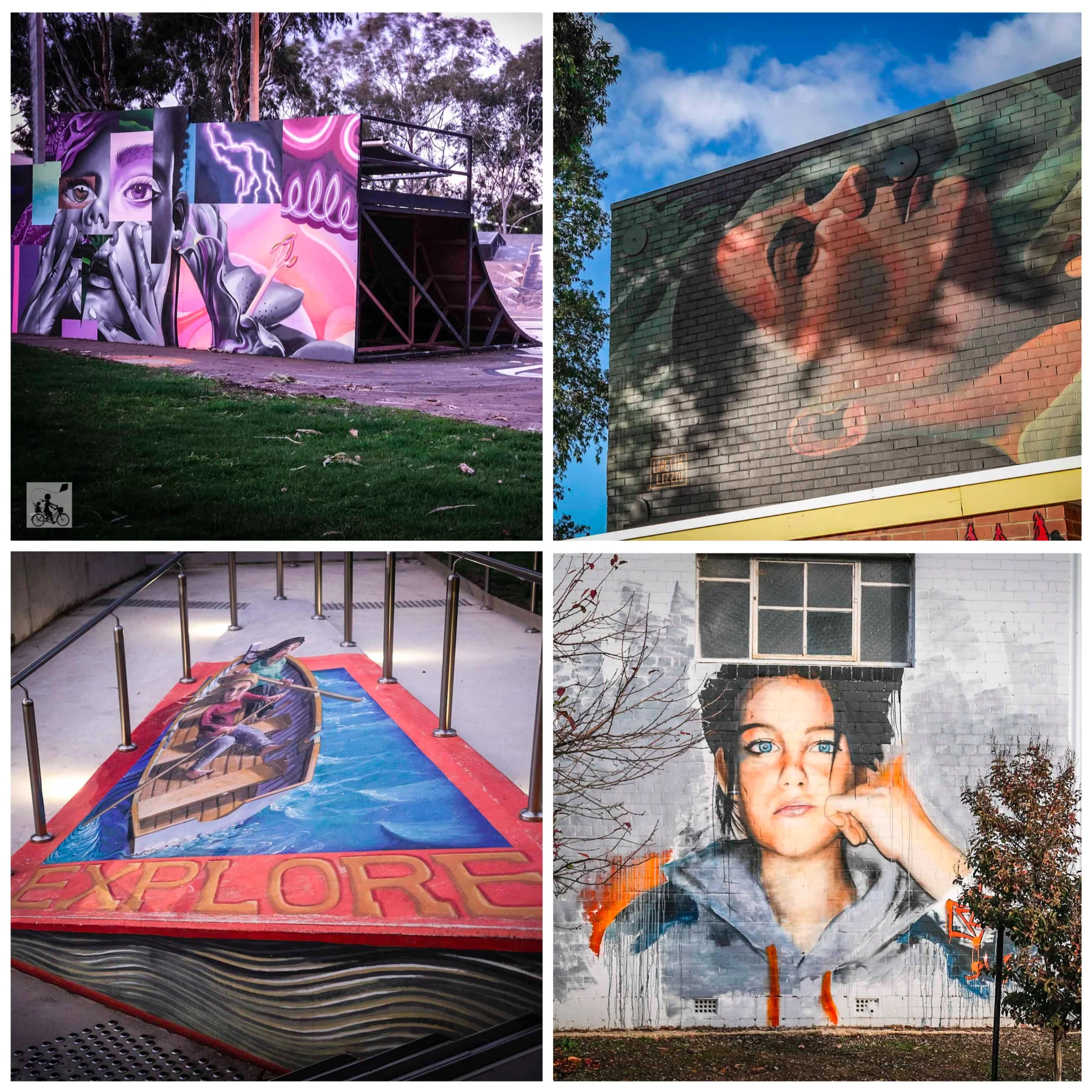 Colorful murals on walls and a 3D street art piece depicting people in a boat