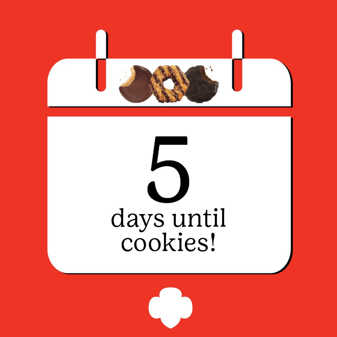 Red block with calendar icon. Includes text that states "5 days until cookies" with 3 small images of Girl Scout Cookies