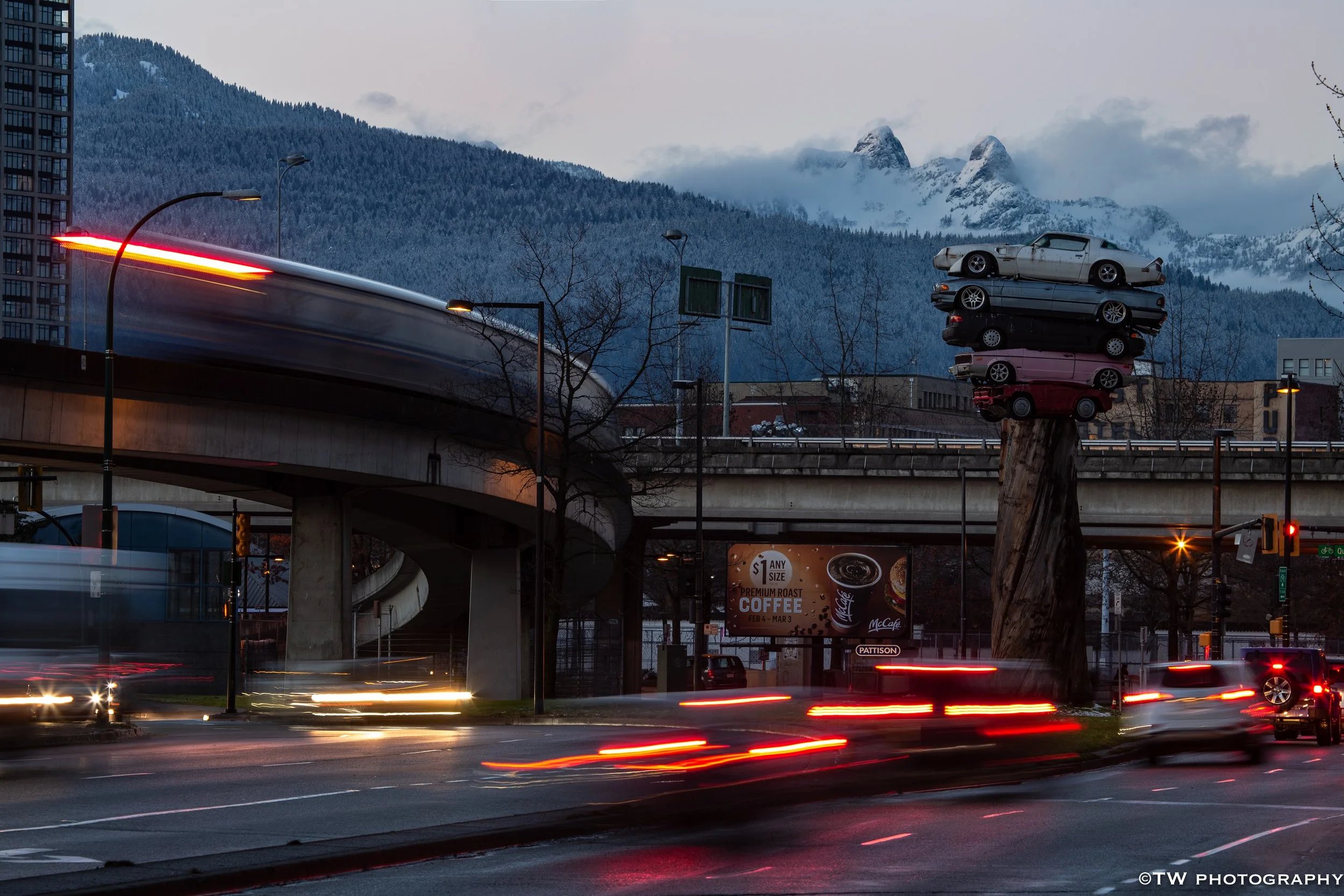 Winter Rush Hour by the Vancouver Science World Trans Am Totem