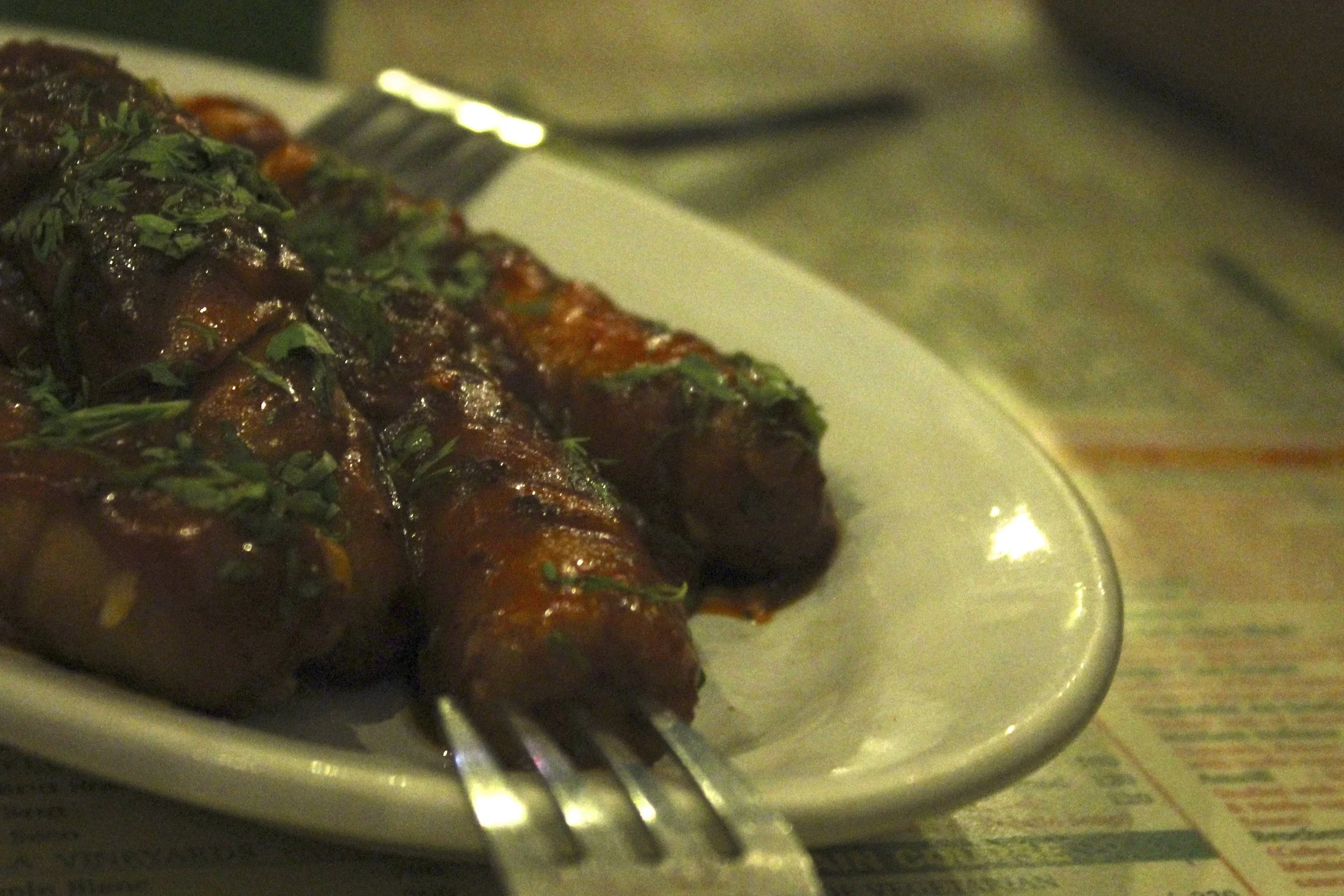 Spicy chicken sausages at Cafe Mondegar