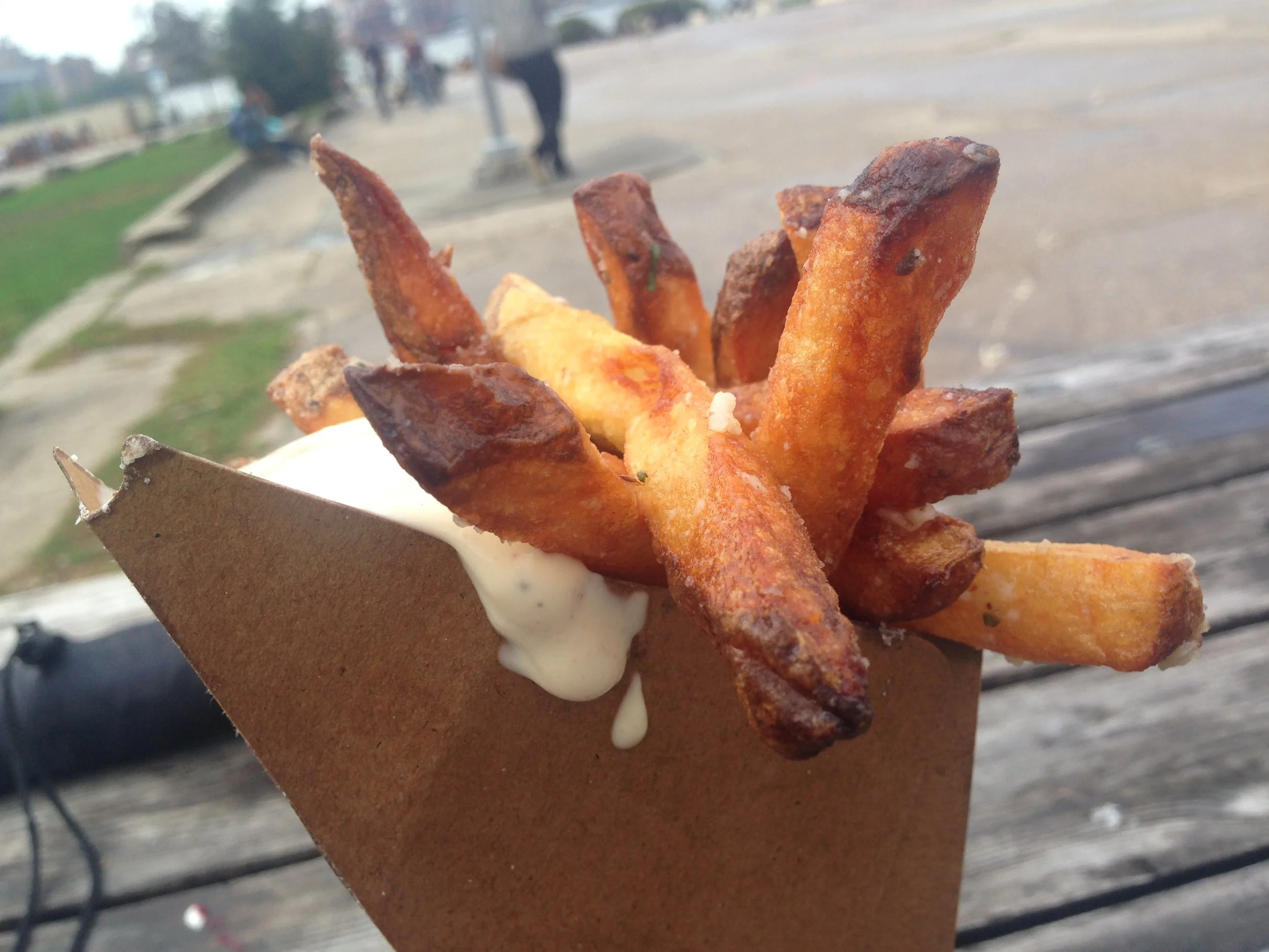Truffle fries with parmesan and lemon garlic aioli at Home Frite, Smorgasburg, Brooklyn