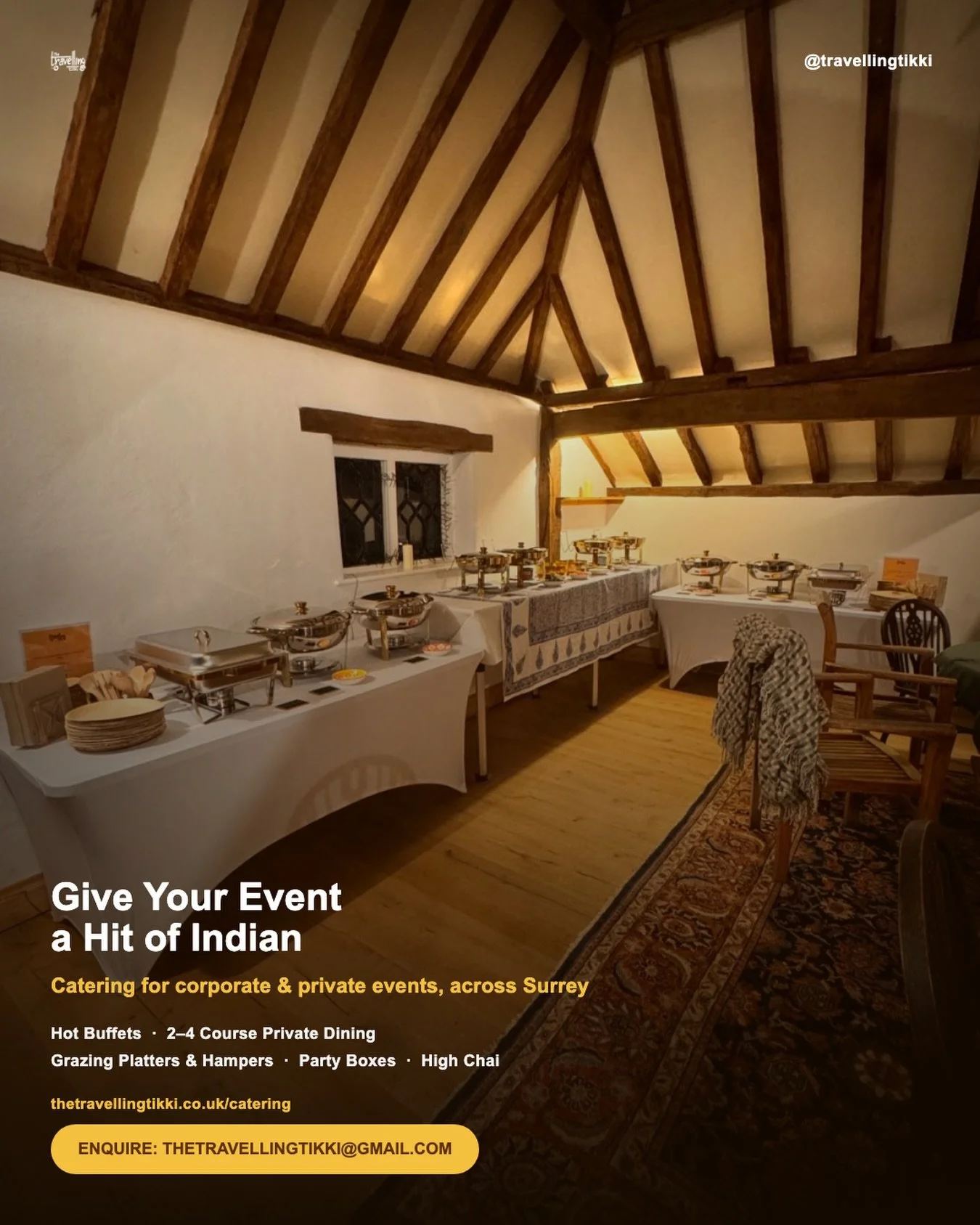 Give your event a hit of Indian! We cater for small to medium sized private and corporate events in and around Surrey. 

✨Self-serve hot buffets 
✨2-4 course private dining 
✨Grazing hampers 
✨Party boxes 
✨High chai (Indian-inspired afternoon tea!) 