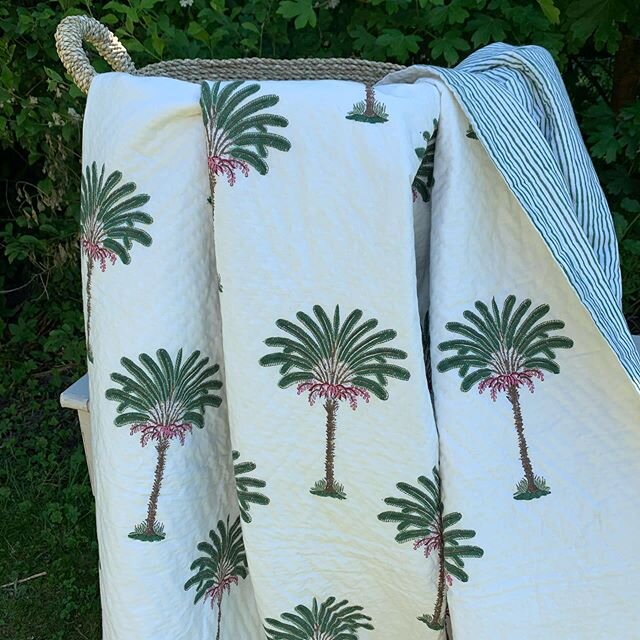 🌴Feeling tropical?🌴Almost...and loving these beautiful hand blocked palm tree pique bedcovers. Available to buy from George Clark and cost &pound;225.00. A perfect finishing touch to a bedroom but also brilliant slung across the back of a sofa for 