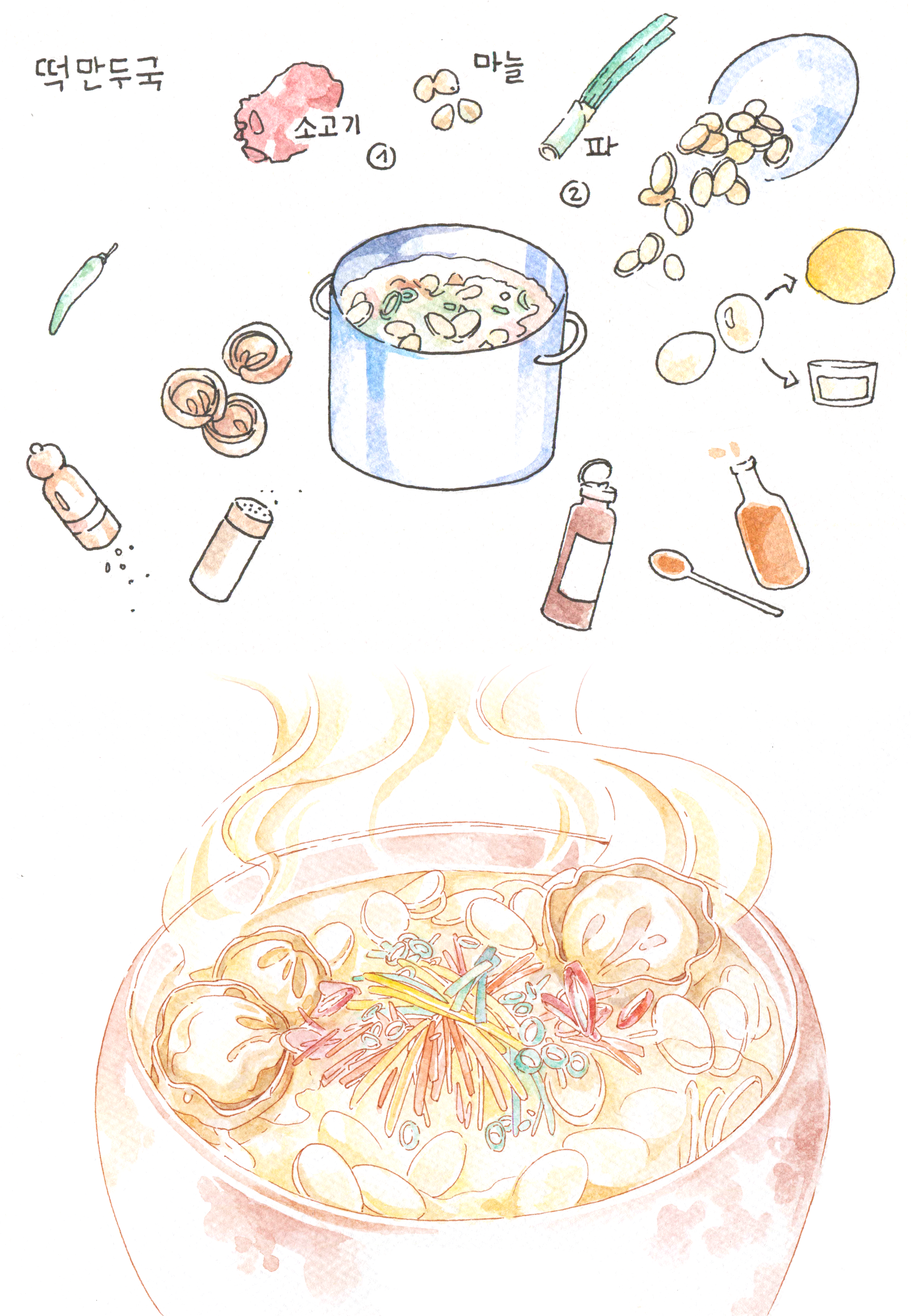 Recipe illustration for Mandu Ddeok Guk - Soup with rice cakes and dumplings for Korean New Year celebrations. 