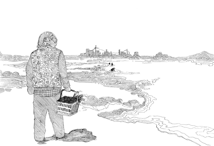A Korean 'halmoni' (grandmother) collecting seaweed along the shores of Jeju.
