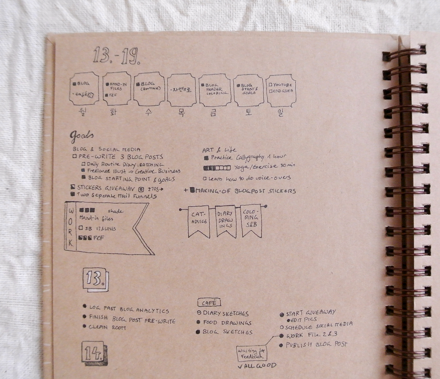 Bullet journal weekly overview for February. I love organizing my different tasks according to their fields - work, personal projects, blogging... that one little habit tracker for yoga and exercising looks sad, though. 