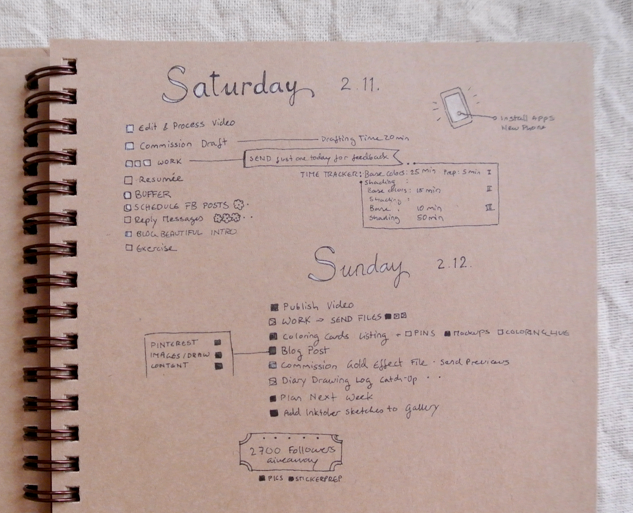Experimenting with white colored pencil on my brown Kraft paper journal pages. I need to get white gel pens! February bullet journal daily to-do lists.