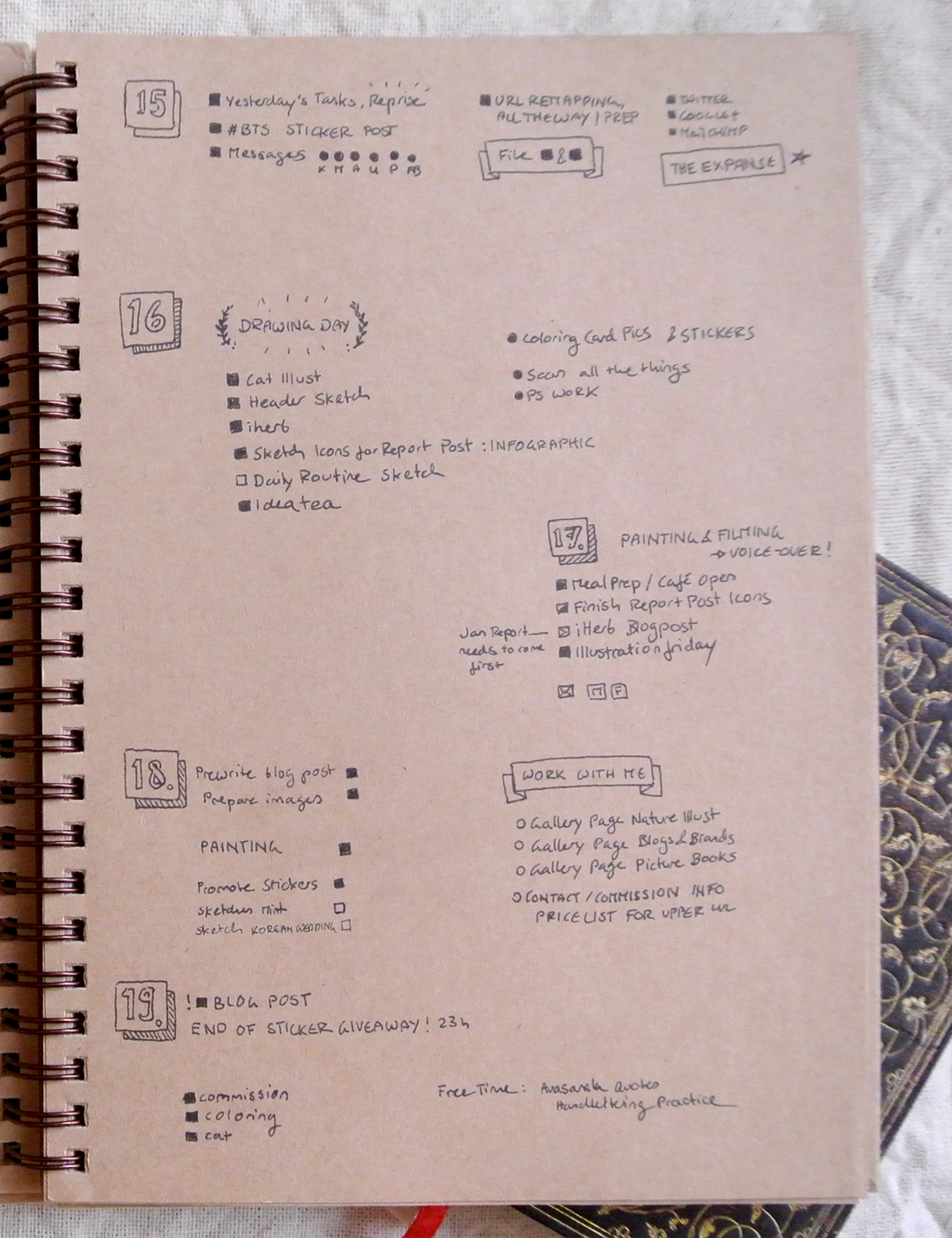 Bullet journal daily tasks and to-do lists. I fell behind on sketching and filming because there was just so much else to work on! 