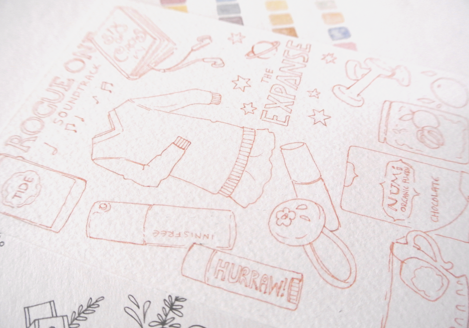 Making of for my February Favorites illustration. Trying to copy product typography is lots of fun, even if I had to squeeze a bit to get that HURRAW! text on the lip balm right...
