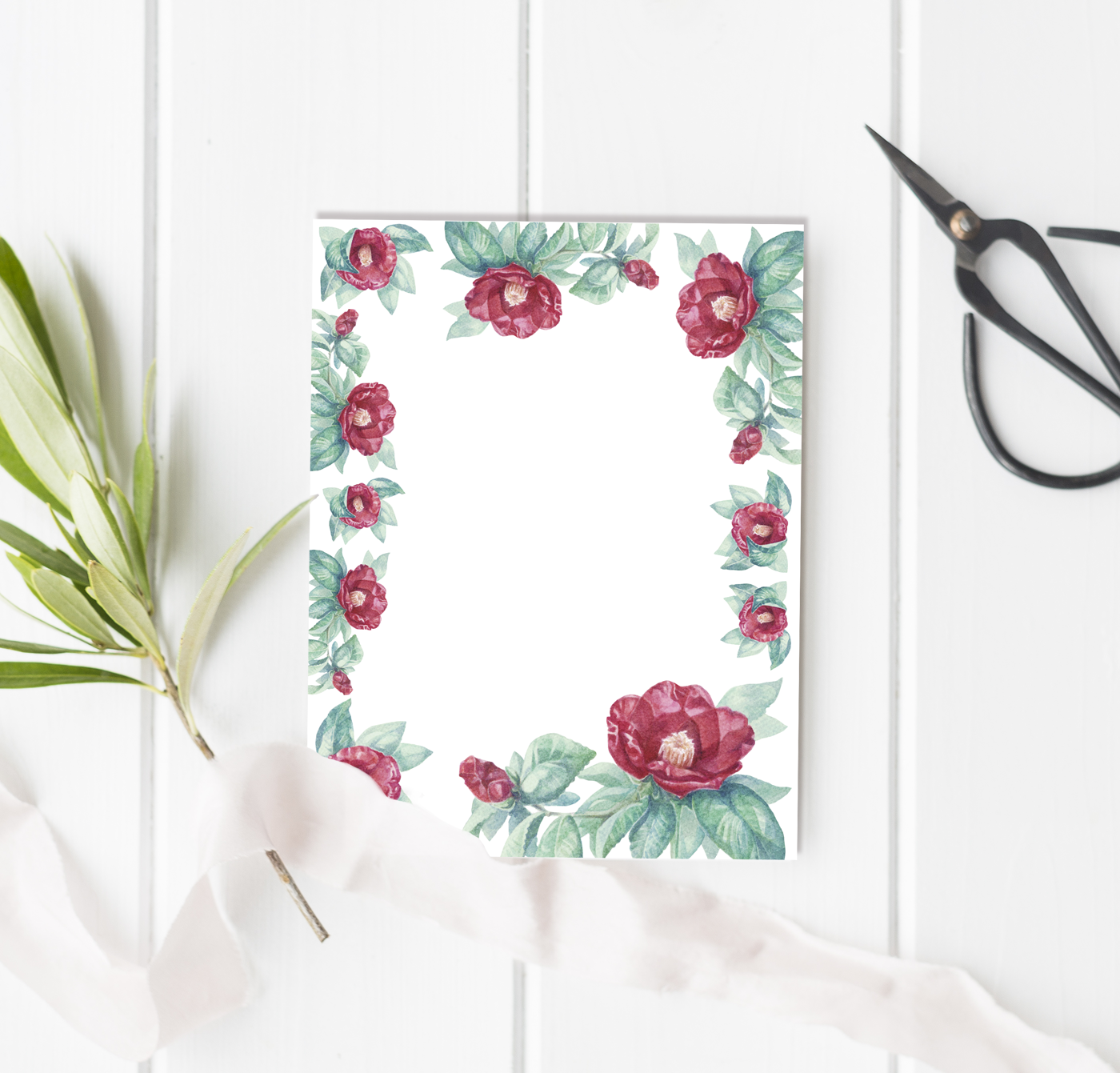 Etsy printable letter paper. Camellia flowers in watercolor for a romantic vintage stationery set. Digital download file for A5 and US letter size.