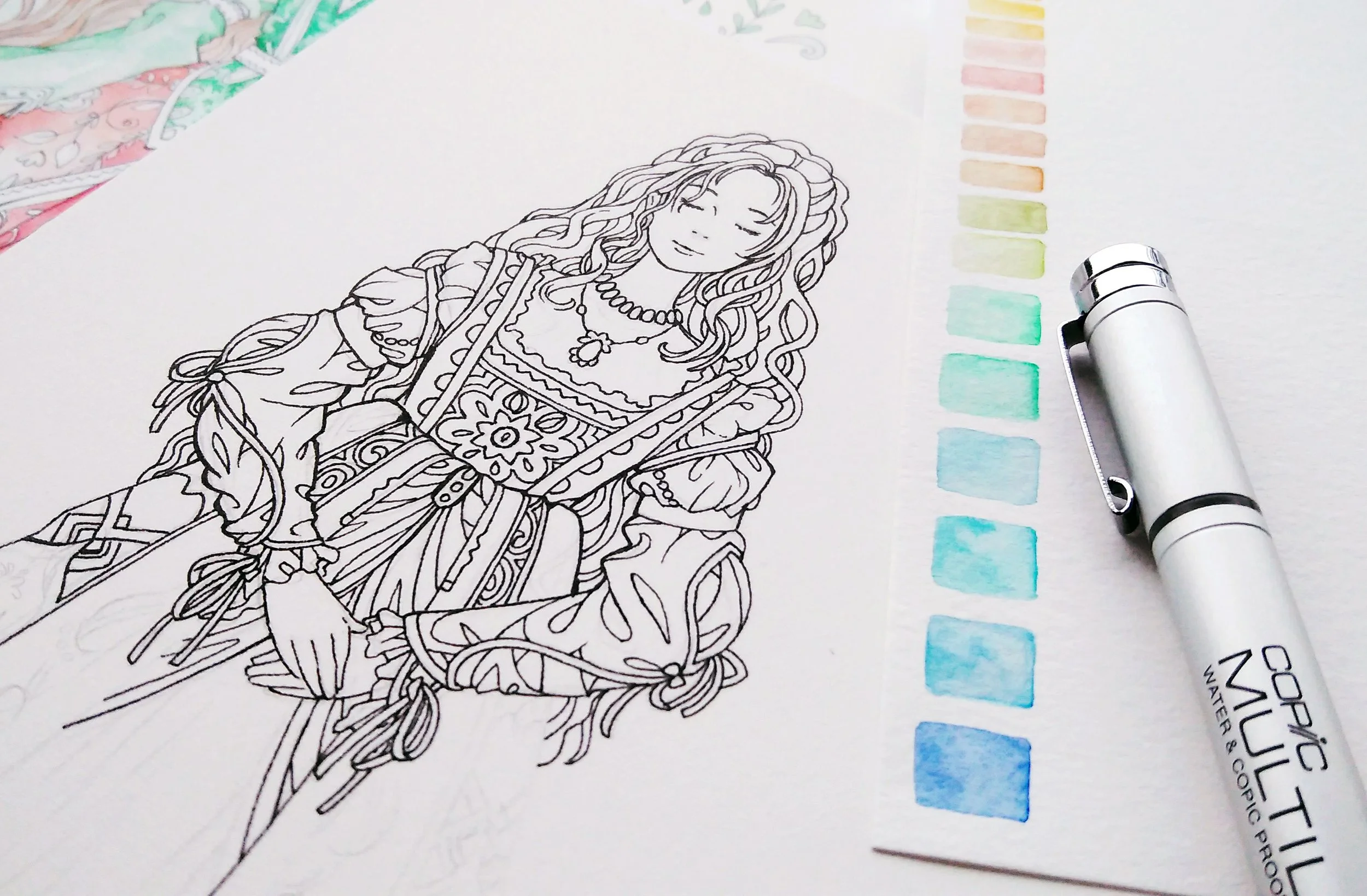 Renaissance dress coloring page in progress. 