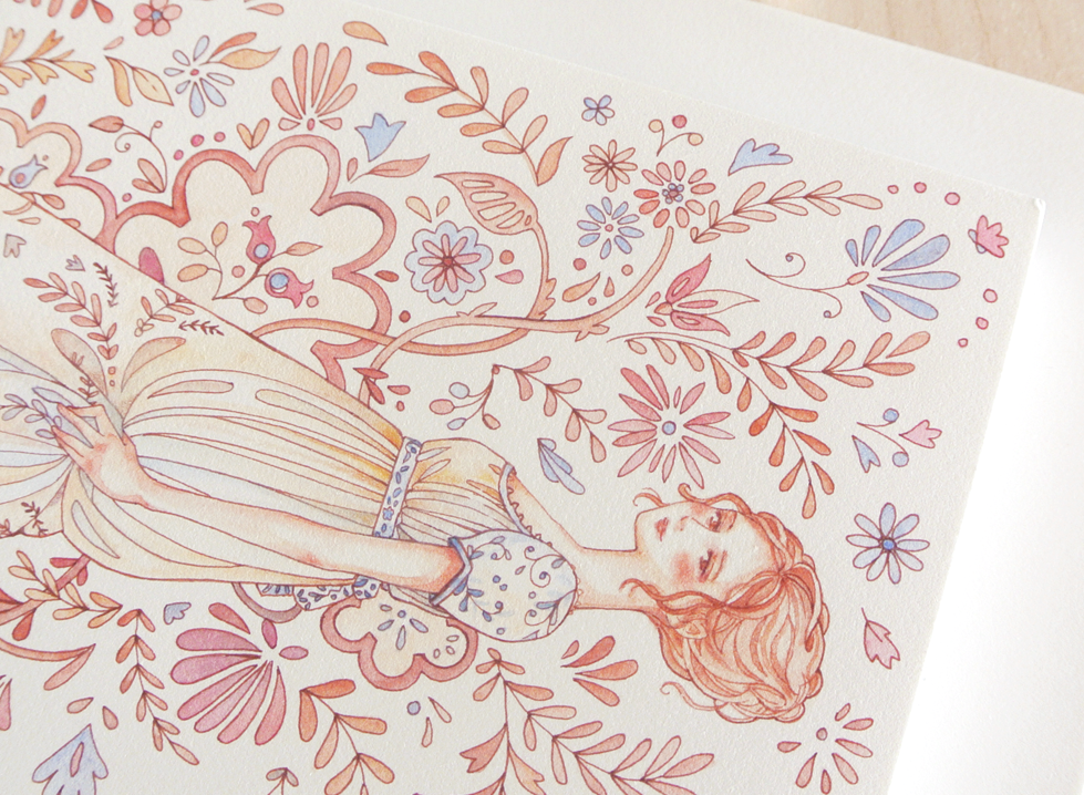 Everything about Regency fashion is soft and delicate, so when it came to coloring the illustration, I used rosy, beige and blue pastel hues.