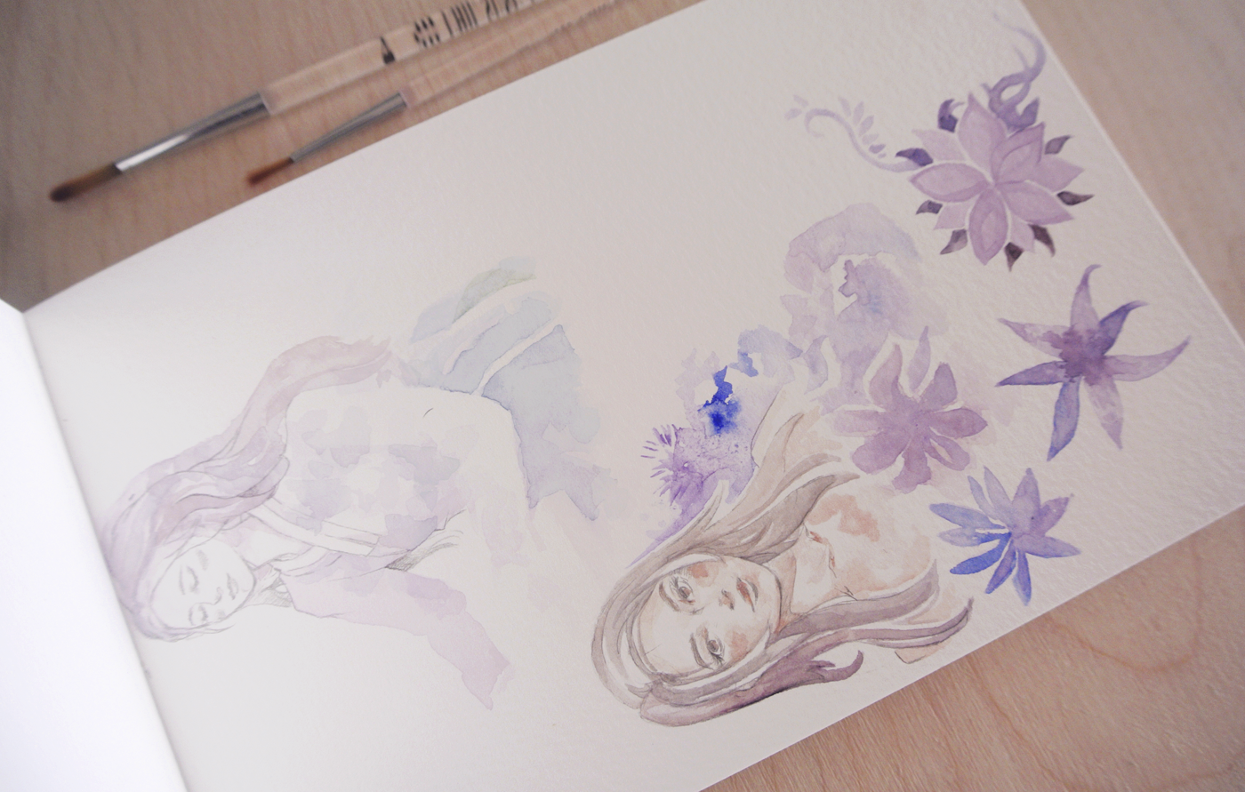 Two quick portrait sketches combined with watercolor patterns. 