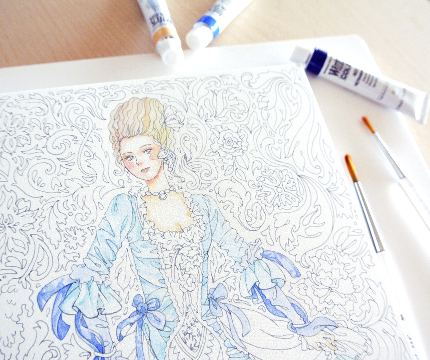Light washes of color for this Rococo inspired drawing. 