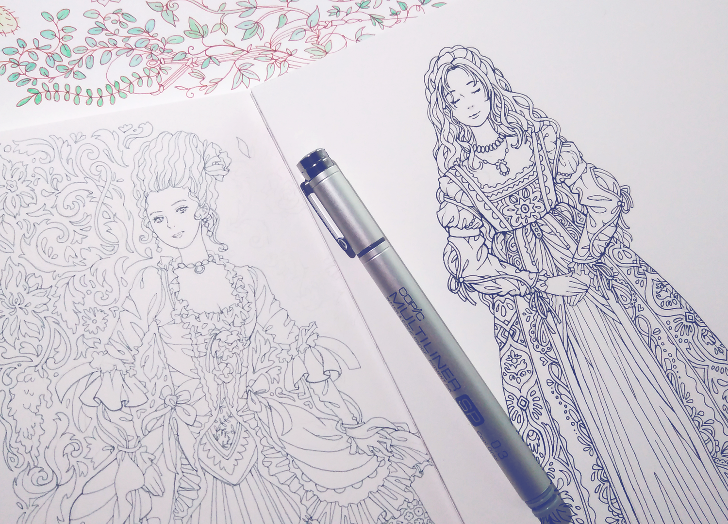 Two of the Historical Fashion coloring pages half-finished. While I drew the faces and bodies as part of the #100DaysofPortraits, I added the patterns in the background later on when I had time. 