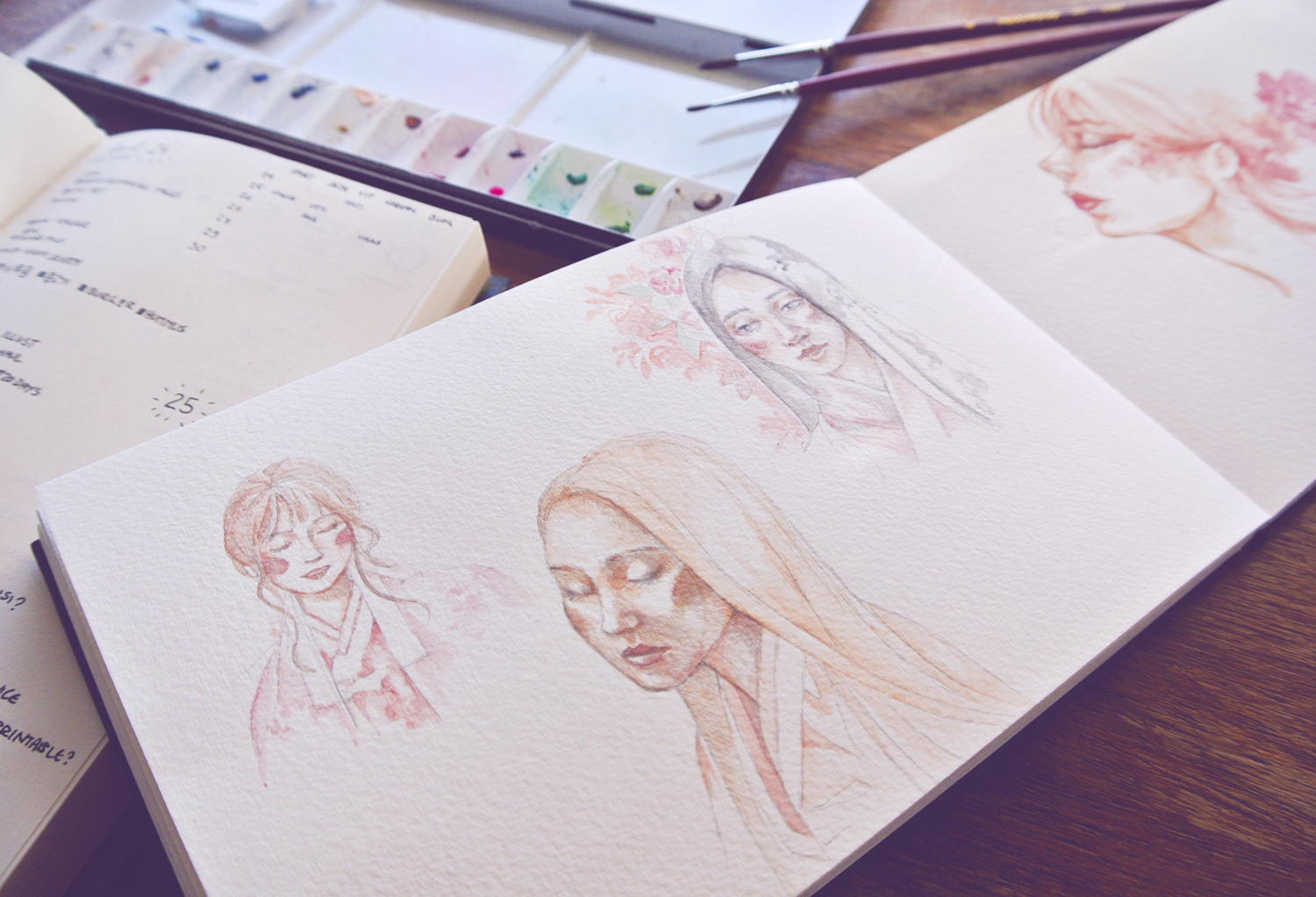 Portrait sketches of women wearing Hanbok. Watercolor on pencil drawings.