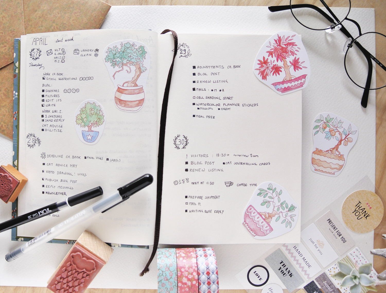 Bonsai tree stickers for a spring mood in my bullet journal. 