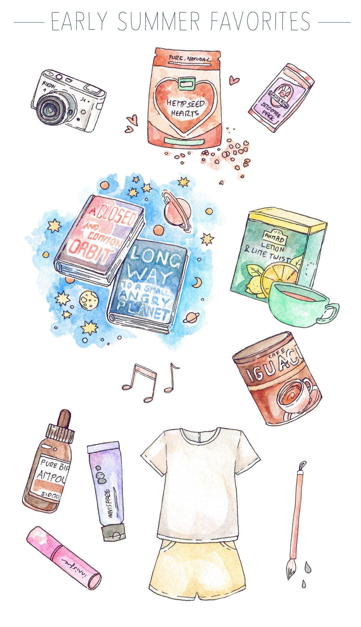 My illustrated May favorites on the blog! Korean skincare and beauty from Innisfree and Sidmool, Korean calligraphy brushes, summer outfits, music and book favorites, healthy vegan food, tea and coffee - a round-up of all the things that brought me joy in early summer!