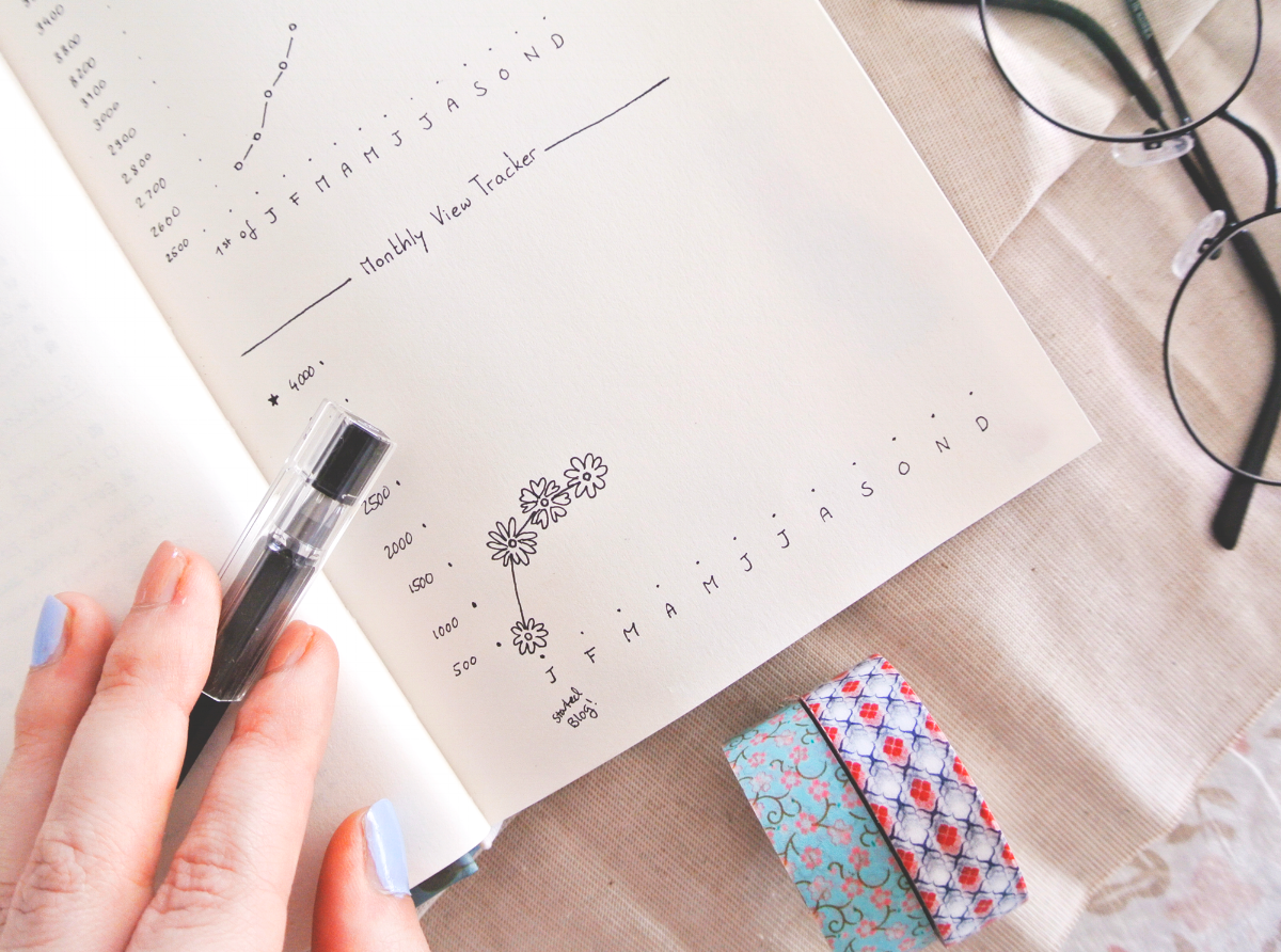 Blog traffic tracker in my bullet journal, with little flower doodles to make life prettier! 