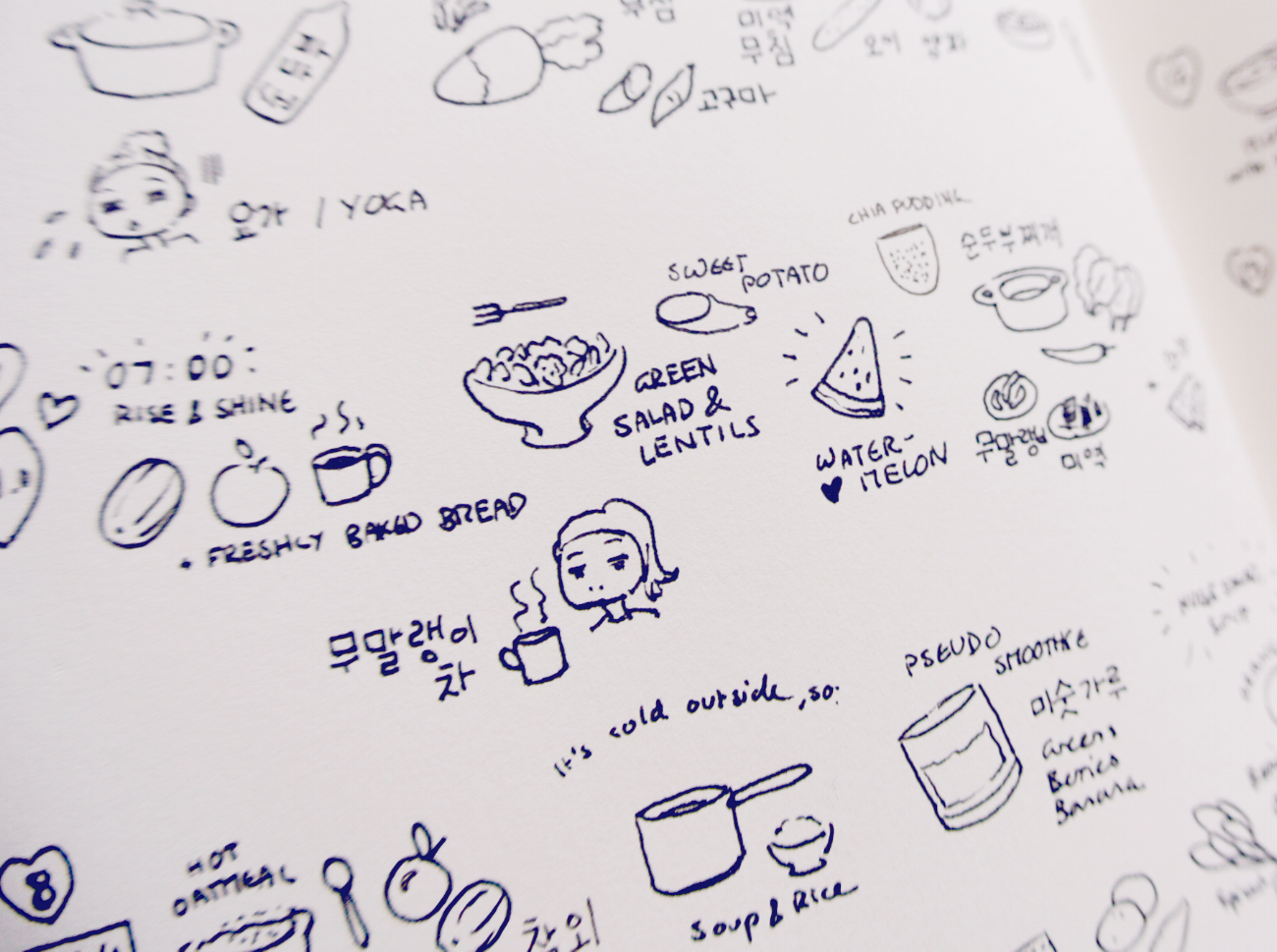 Little food diary drawings in my bullet journal. Korean food mixed with lots of fresh vegetables, fruit and legumes. I actually lost three kg during those days - keeping a diary helped in keeping track of nutrition and recipes. 