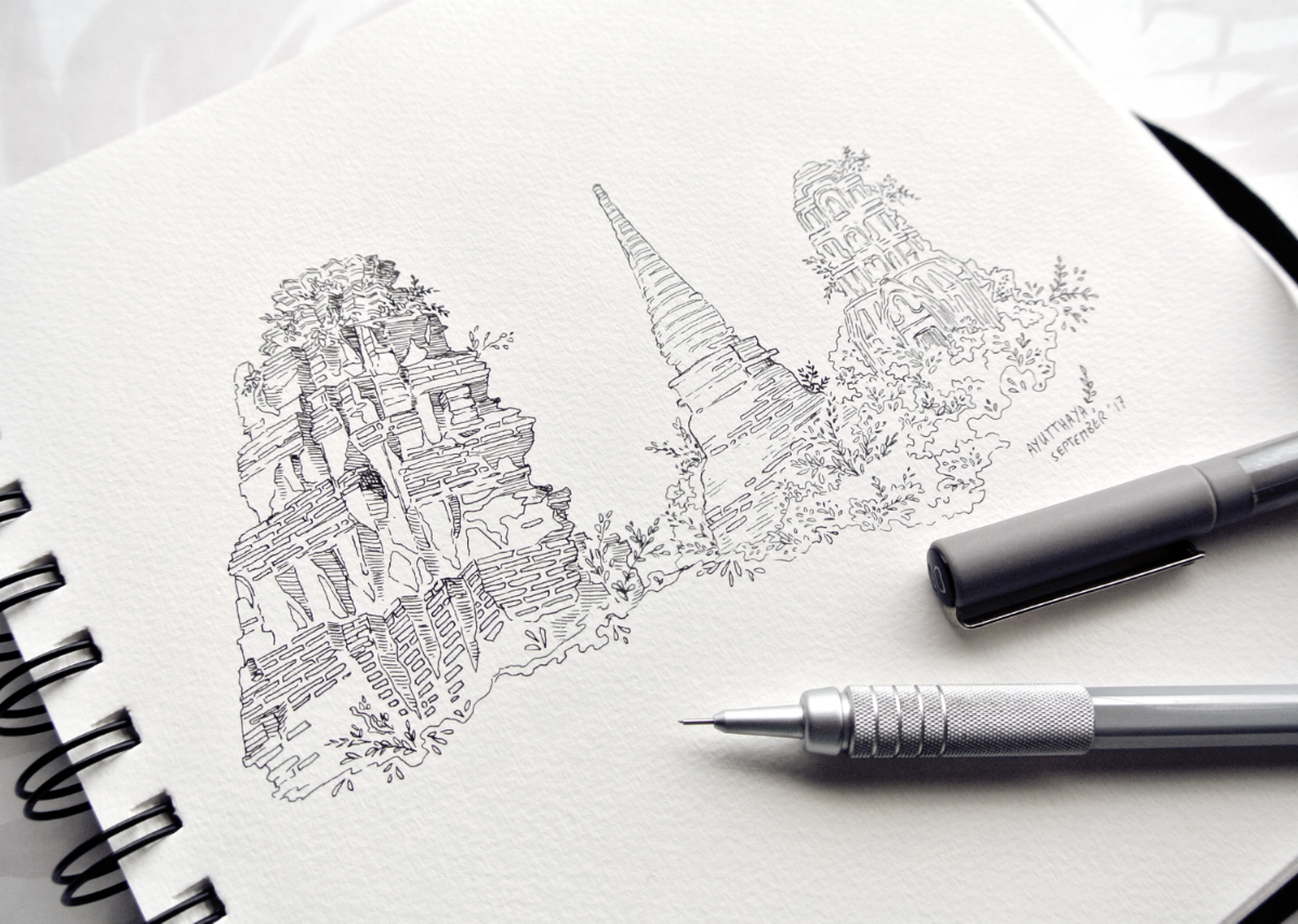 Ayutthaya temple ruins, lost city in Thailand. Travel sketchbook impressions by Evelyne Park