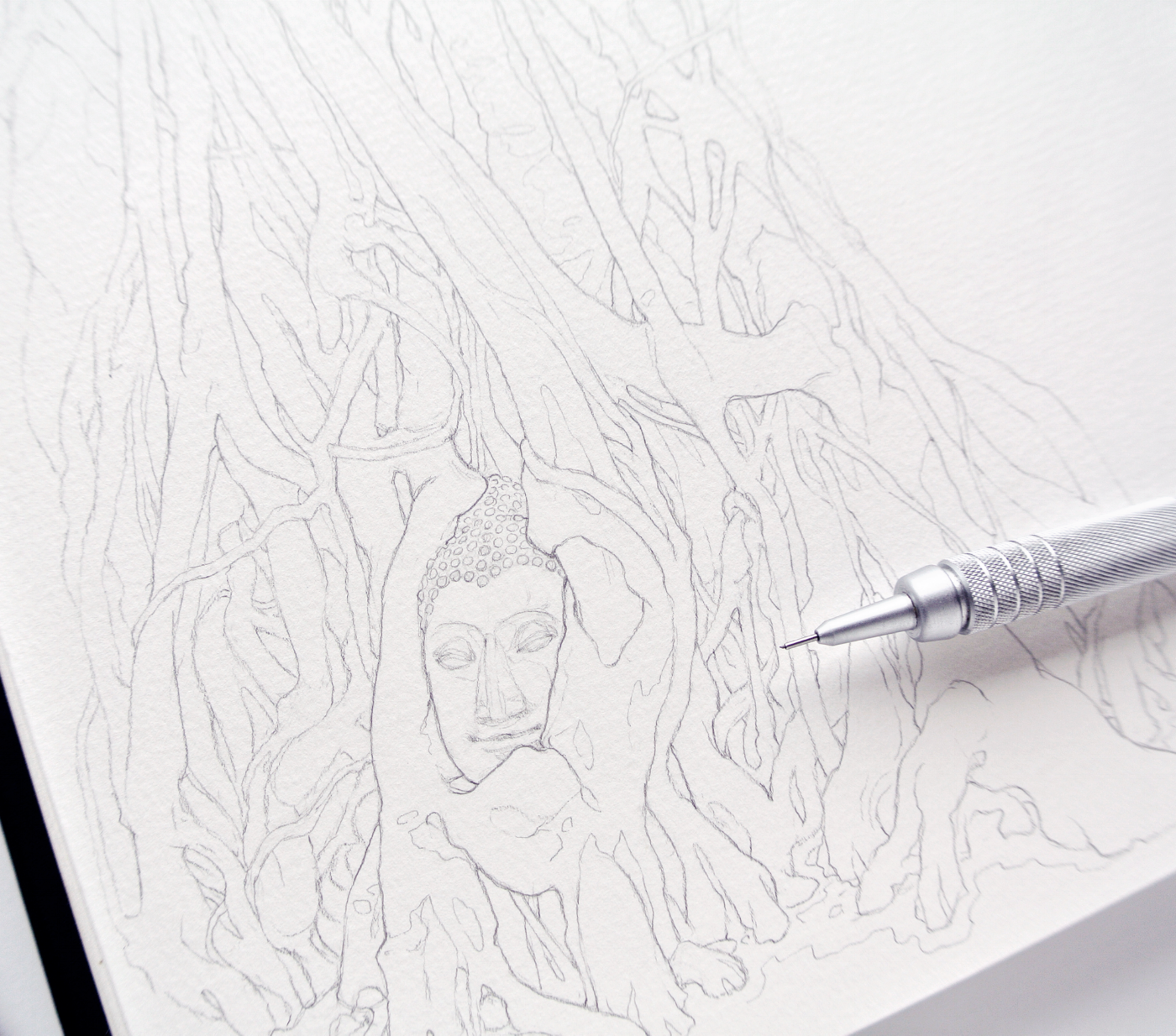 Wat Mahathat, Head of Buddha in Tree, Travel sketchbook drawing, Evelyne Park