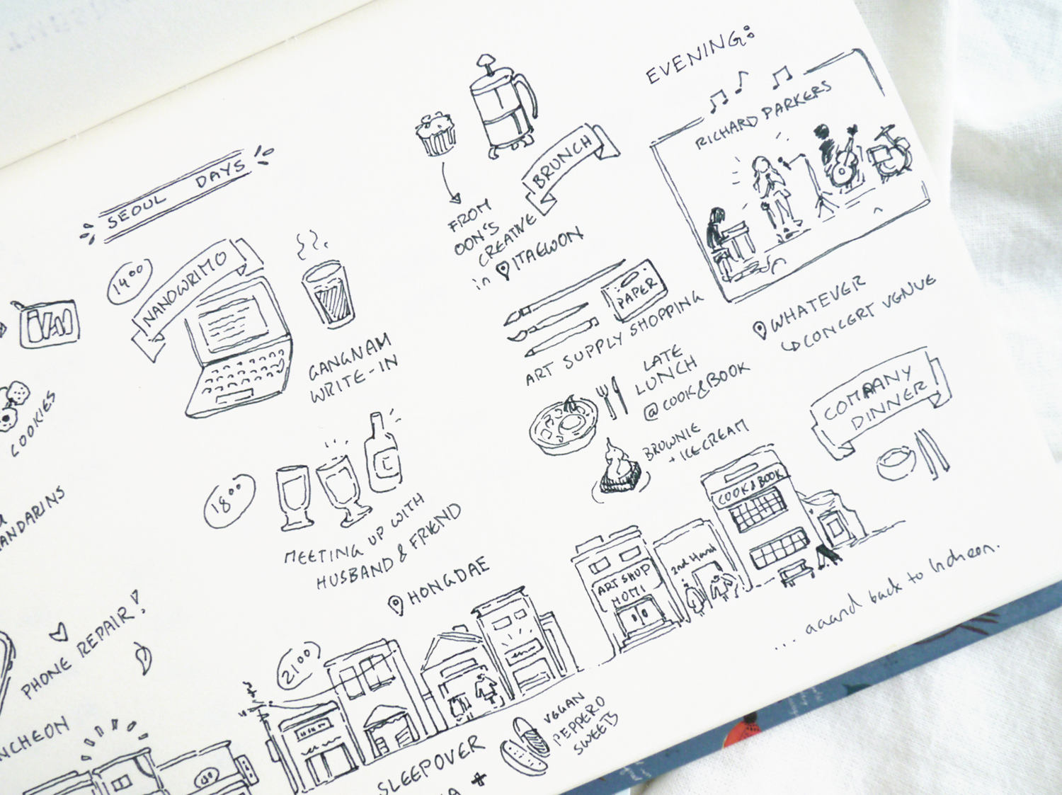 Things to do in Hongdae, Seoul: A creative travel diary & bullet journal doodles. I love how this page in my bullet journal turned out - especially the tiny buildings at the bottom, representing three days of location changes, restaurants, shops, sleepovers... How to spend a day in the area around the (artsy) Hongik University in Seoul - the whole area is famous for its nightlife and shopping opportunities, but there are hidden places and side streets to discover. Follow me around Hongdae from morning till night, from art shops to restaurants, creative events to concerts, and I hope you get some ideas on how to spend a laid-back day in Seoul. With travel sketches and a creative bullet journal vacation layout idea.