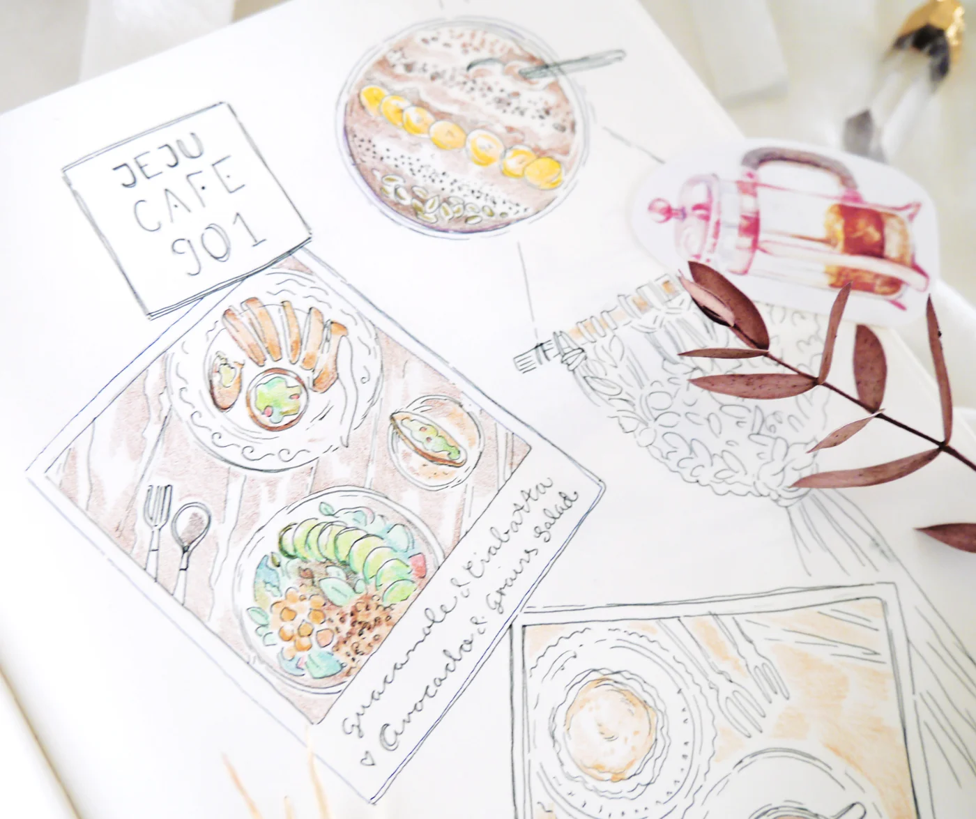 I sketched in my art journal as I sipped on coffee... Creative ideas for travel journals, art journaling, doodle diaries... I love adding food drawings whenever I visit a cafe or restaurant! Even a short afternoon trip can feel like a full-on vacation once I document it in my travel sketchbook. Food doodles are simple (you can use the food in front of you as reference or take a quick picture to use later) and add a pinch of deliciousness to any travel diary. :) The peaceful atmosphere, unique combinations of local ingredients like Deodeok and "western" vegan food, the gluten-free and raw options... all in all, Cafe 901 on Jeju Island is a wonderful place to treat yourself, relax, and recharge! 