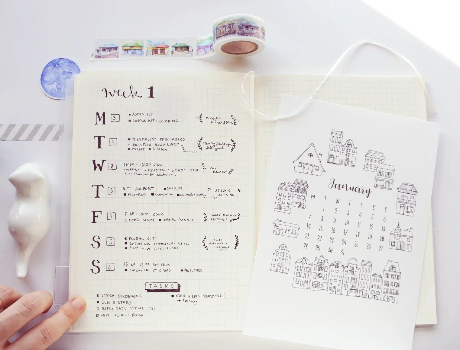 My weekly layout for January - all very simple, minimal, and quick to set up, as I had family visiting. Get some tips for flexible planning (especially if you work from home like me) and goal setting on the blog. Minimalist Bullet Journal Setup for 2019 - Habit Tracker printable, productivity tracker, monthly goal setting, and simple to-do lists. Plan with me for the new year and grab a free printable (or two).