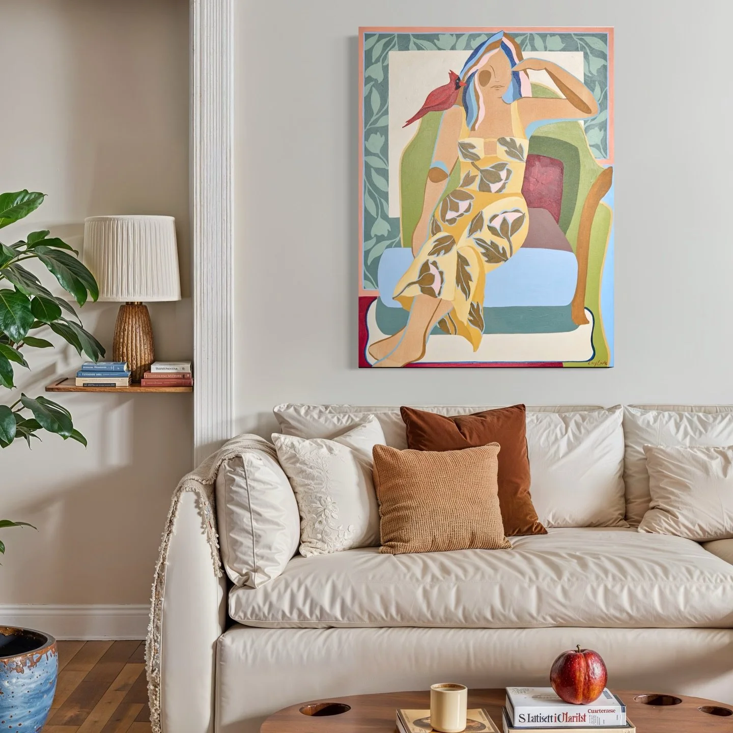 Which one is your favorite for this sassy lady? 
1. Soft and warm neutral living space (that apple is so random, let me know if you spotted it too 🤔)
2. Funky and modern with bold use of color
3. Airy and serene workspace 

I love using apps to mock