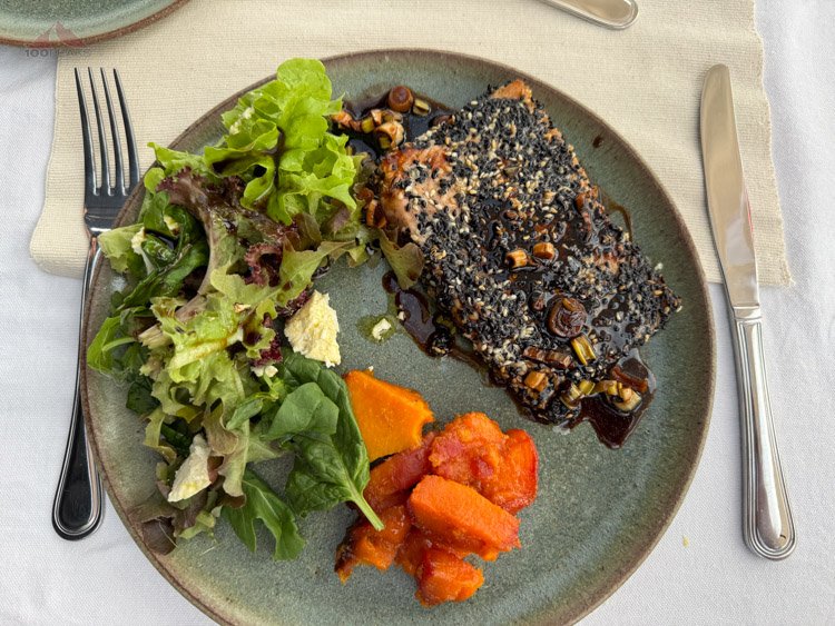 Sesame &amp; soy salmon with greens, goat cheese, &amp; yams