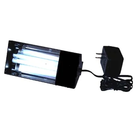 Q-UVR90 Handheld UV lamp 110 or 220V, 50/60HZ, 13W Max. Intensity : 20mW/cm^2 (10mmdistance) Size=187mm(W)×70mm(H)×90mm(D) Average Lamp Tube Life: 500HR Weight: 875g (handheld part:450g) * Electric wire with UL approval, but UV Lamp without any approval (Except the US – Canada area to be attached a adapter to switch for the plug). 