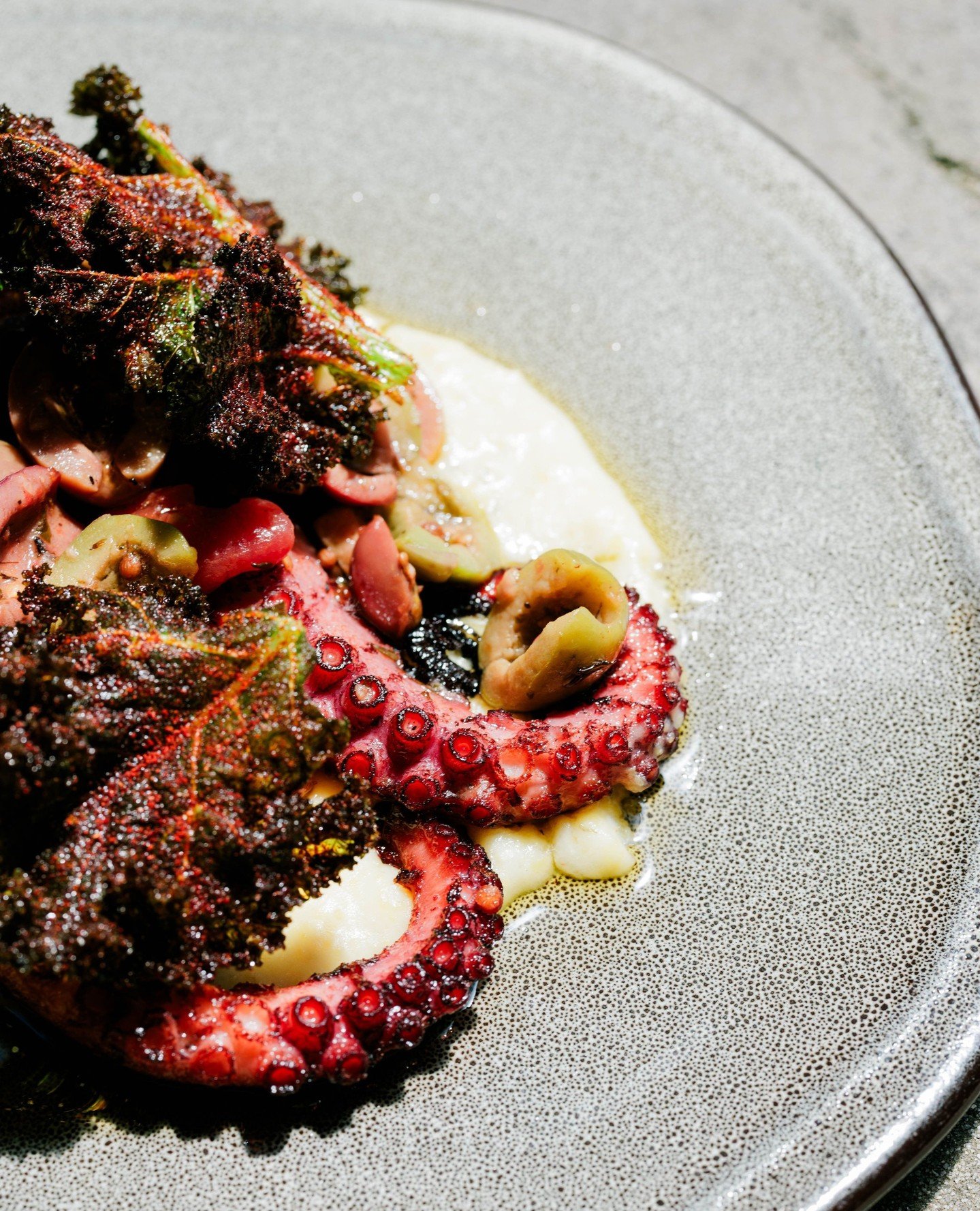 Spanish octopus, slow cooked to tenderness and finished over an open flame with lemon and olive oil. Served with rosemary polenta and a vibrant sauce vierge of olives, tomato, and herbs. Warm, bright, and meant to be lingered over.