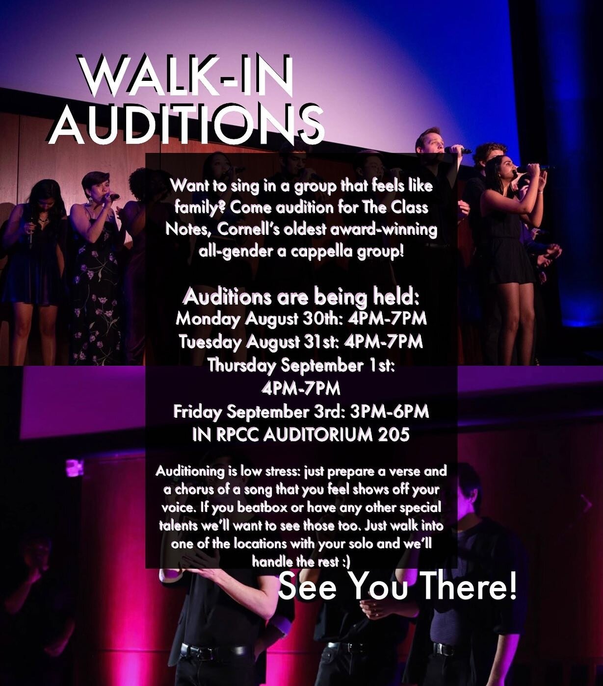 today is the first day of auditions! 

how to audition: 

1. Choose a date to audition

2. Walk-in with your prepared solo 

3. Our lovely class note will be waiting at the entrance of the audition room to guide you through the process

4. Done!

we 