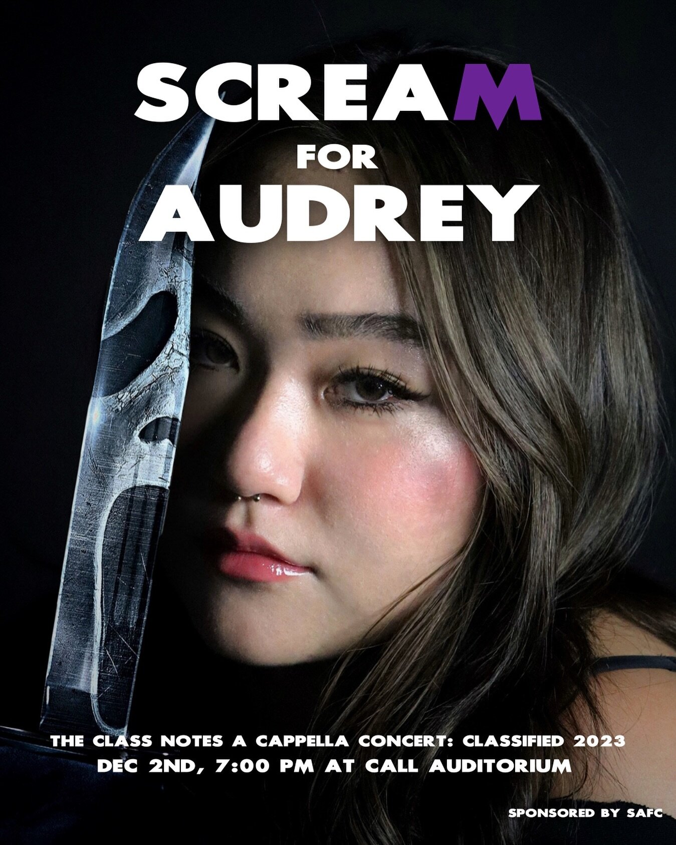 SCREAM for Audrey and the Class Notes in TWO DAYS at our fall concert on December 2nd, at 7PM at Call Auditorium. Get your ticket through the link in our bio or DM us.
