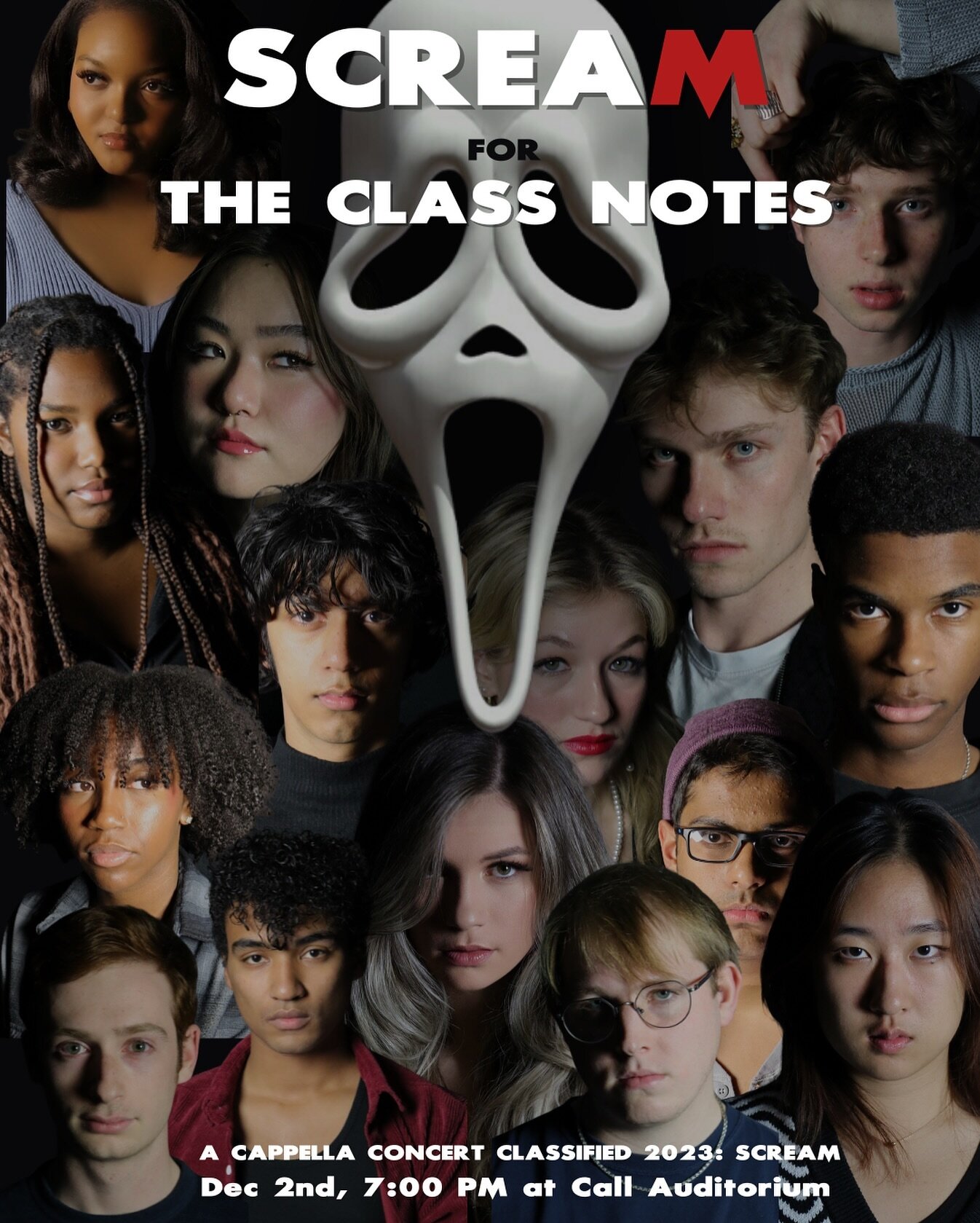SCREAM for Class Notes A Cappella Concert this Saturday, December 2nd  @7PM at Call Auditorium, Kennedy Hall. Class Notes will perform songs by Frank Ocean, Adele, Ariana Grande, Radiohead and more✨ Get your ticket using the link in our bio 🎫