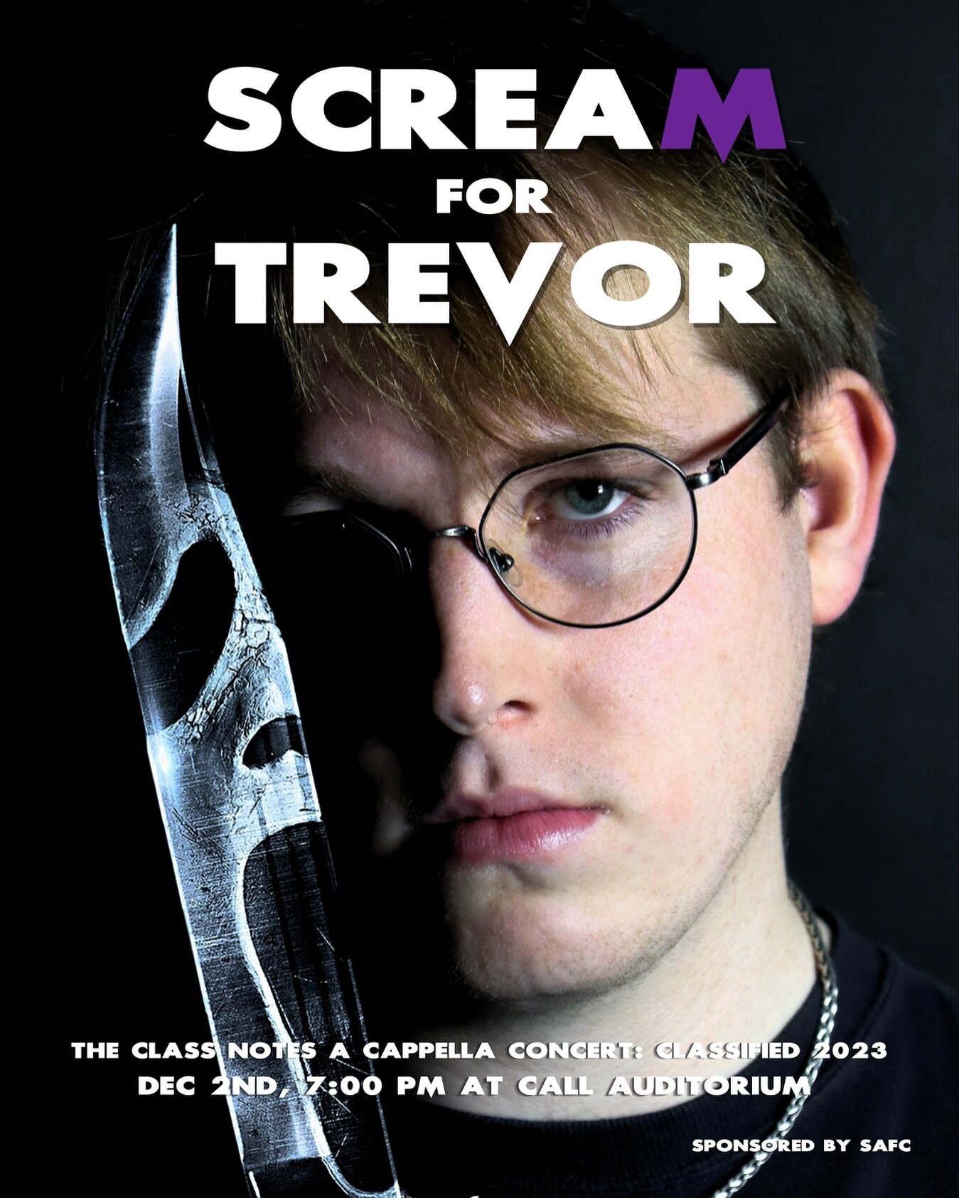 SCREAM for Trevor and the Class Notes TOMORROW at our fall concert on December 2nd, at 7PM at Call Auditorium. Get your ticket through the link in our bio or DM us.