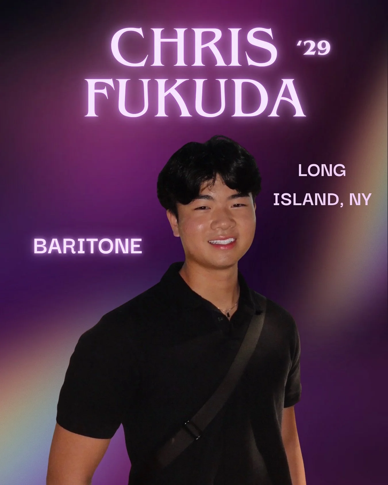 IT'S TIME TO INTRODUCE OUR FALL 2025 NEWBIES!! 

Meet CHRIS FUKUDA 💜💜 This ultra-talented baritone is a freshman from Long Island, NY studying Economics &amp; Theatre in CAS! Chris's hidden talent is being able to do the fully Gnarly dance from Kat