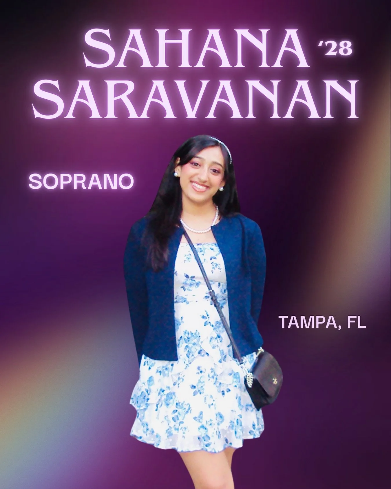 Meet SAHANA SARAVANAN 💜💜 This mesmerizing soprano is a sophomore from Tampa, FL studying Industrial &amp; Labor Relations! Sahana's hidden talent is Indian classical dance&mdash;she's spent over 10 years learning it! We are beyond excited to welcom