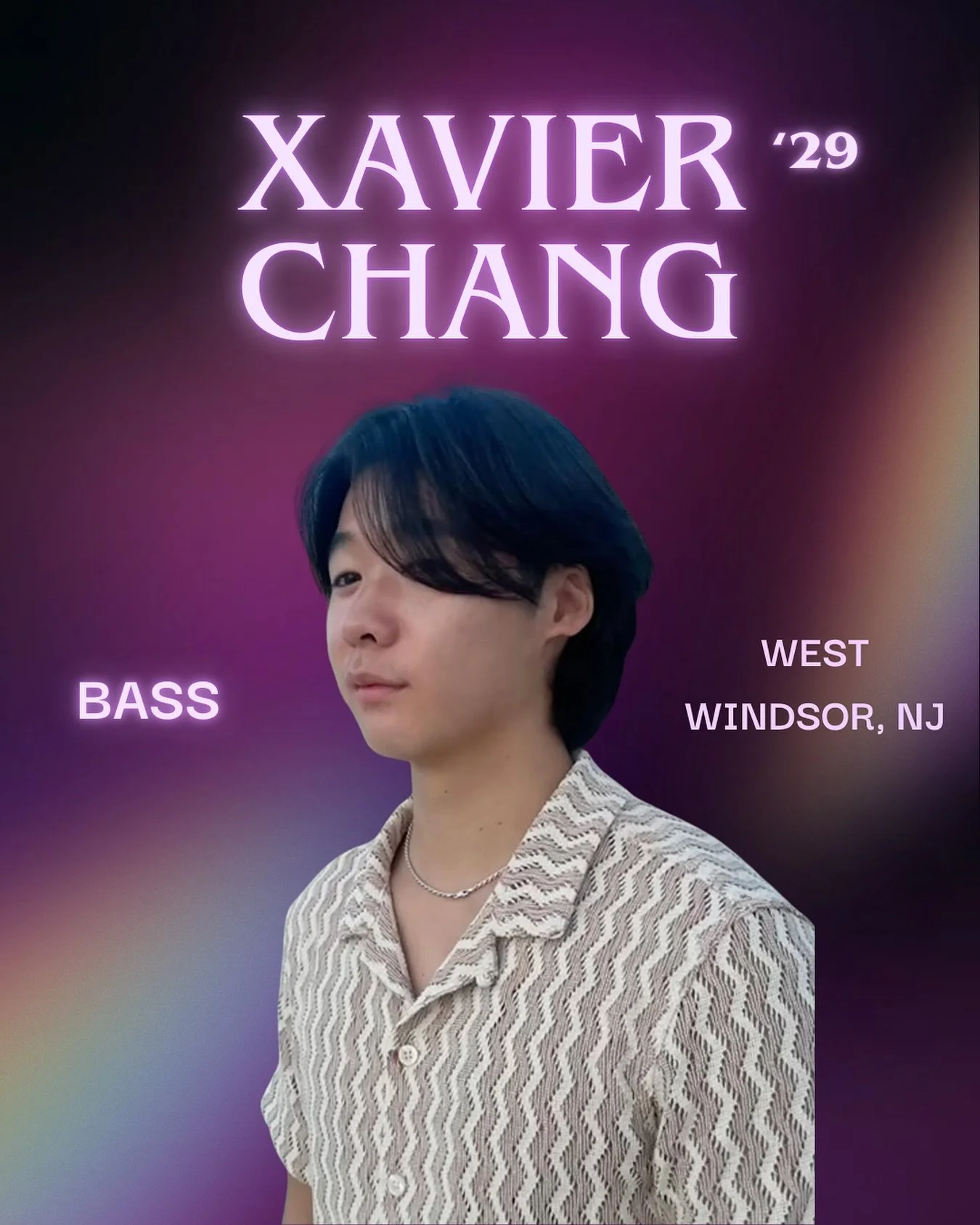 Last but not least&mdash;meet XAVIER CHANG 💜💜 This spectacular bass is a freshman from West Windsor, NJ studying Environment and Sustainability &amp; Economics in CAS! Xavier's go-to karaoke song is &quot;Something in the Orange&quot; by Zach Bryan