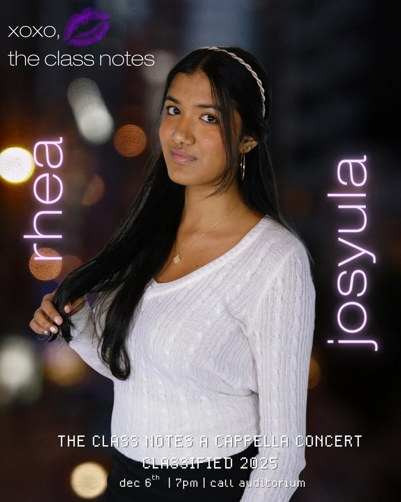 Come see RHEA and the rest of the Class Notes DEC. 6TH at our fall concert, CLASSIFIED 2025! You can purchase tickets through the link above, in our bio, or by DMing one of the Notes! Can't wait to see you there!! 

xoxo, 
the Class Notes 💋💜