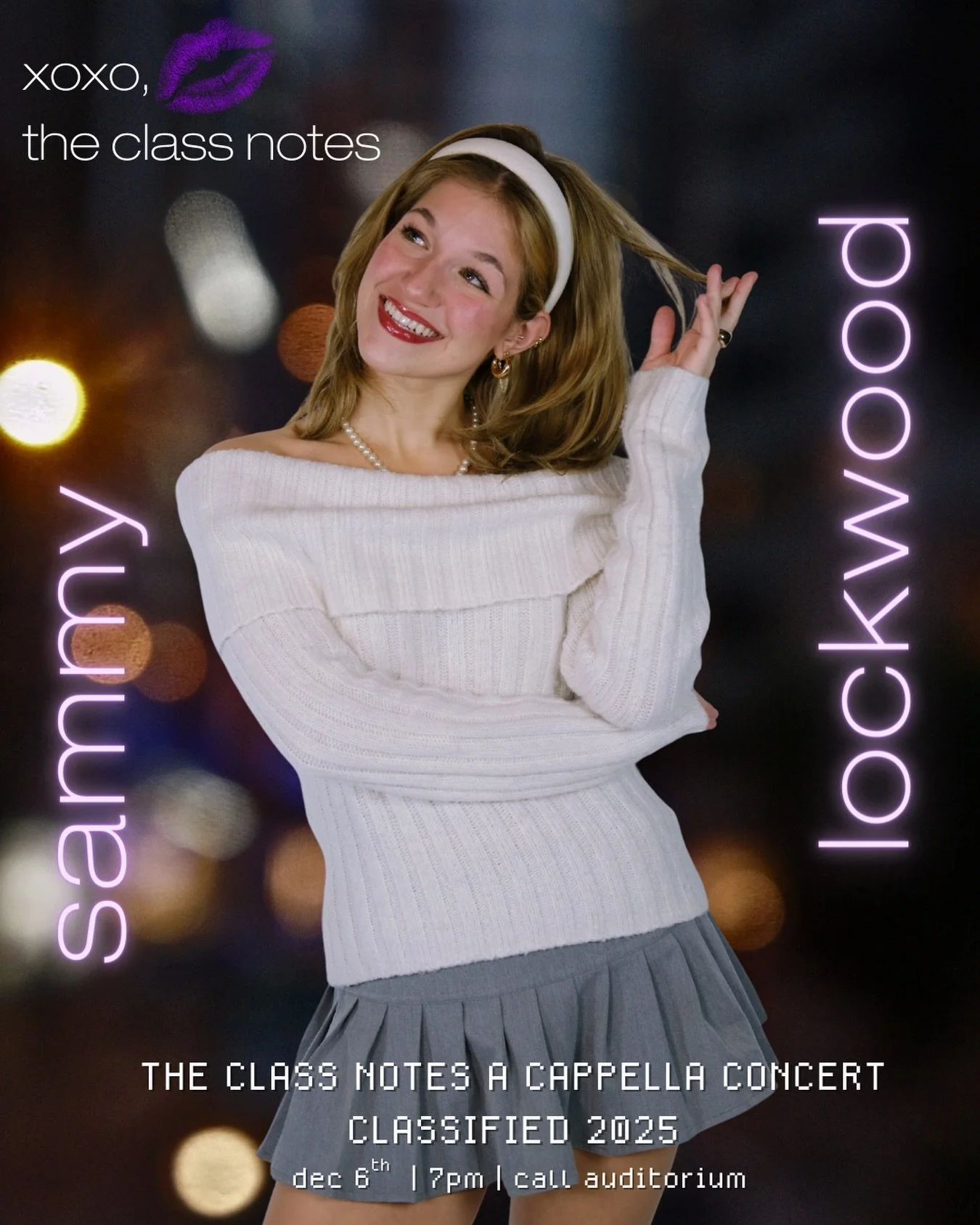 Come see SAMMY and the rest of the Class Notes DEC. 6TH at our fall concert, CLASSIFIED 2025! You can purchase tickets through the link above, in our bio, or by DMing one of the Notes! Can't wait to see you there!!

xoxo, 
the Class Notes 💋💜
