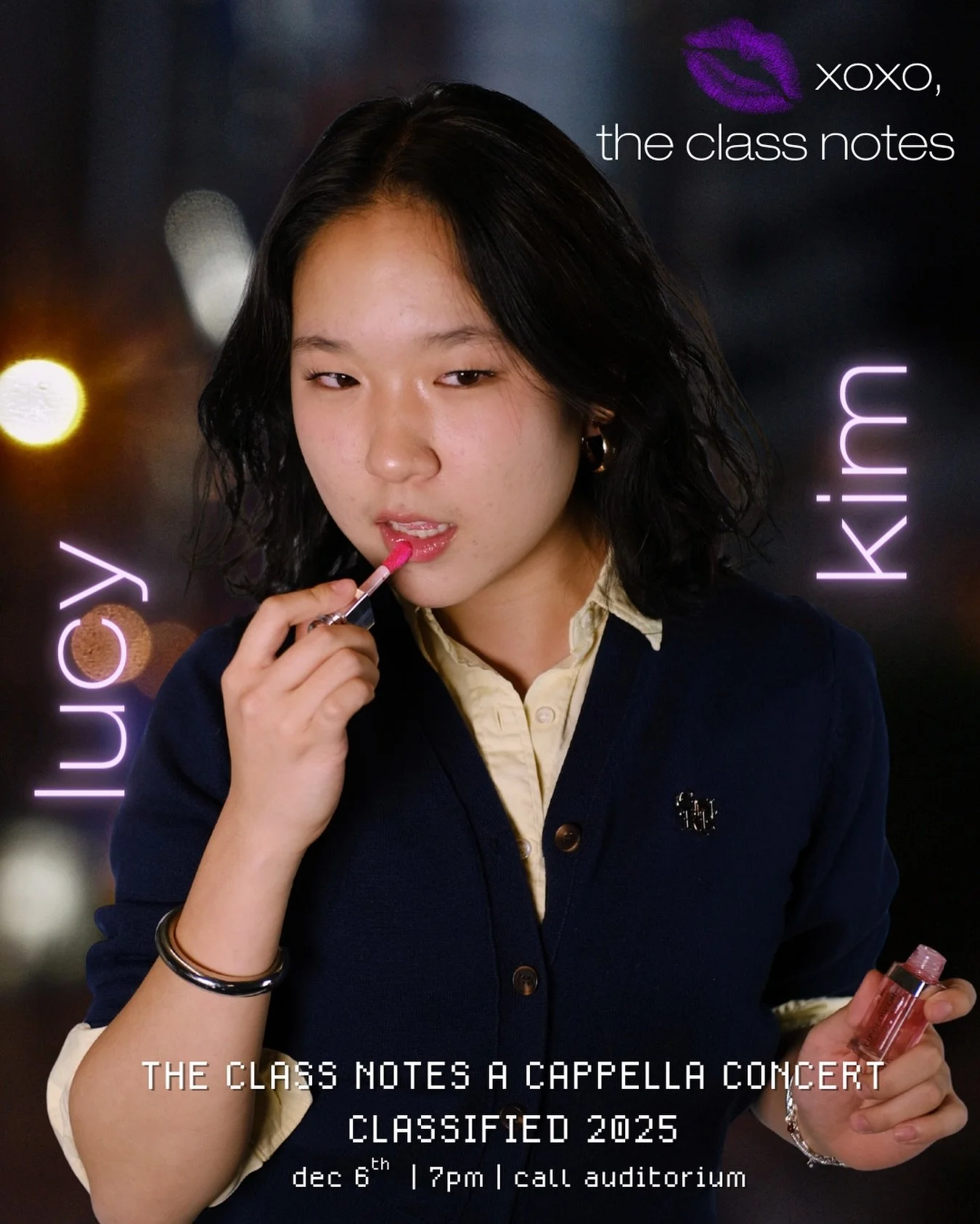 Come see LUCY and the rest of the Class Notes DEC. 6TH at our fall concert, CLASSIFIED 2025! You can purchase tickets through the link above, in our bio, or by DMing one of the Notes! Can't wait to see you there!!

xoxo, 
the Class Notes 💋💜